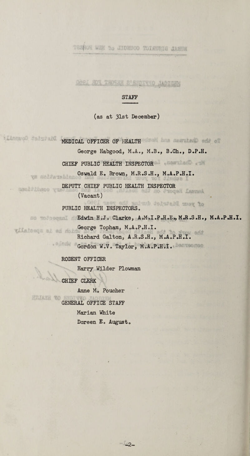 {■ STAFF (as at 31st December) MEDICAL OFFICER OF HEALTH George Habgood, M.A., M.B., B.Ch., D.P.H. CHIEF PUBLIC HEALTH INSPECTOR Oswald E, Brown, M.R.S.H., M.A.P.H.I. DEPUTY CHIEF PUBLIC HEALTH INSPECTOR (Vacant) PUBLIC HEALTH INSPECTORS. Edwin HoJ. Clarke, A.M.I.P.H.E., M.R.S.H., M.A.P.H.I. George Topham, M.A.P.H.I. Richard Galton, A.R.S.H., MJLP.H.I. Gordon W.V. Taylor, M.A.P.H.I. RODENT OFFICER Harry Wilder Plowman CHIEF CLERK Anne M» Poucher GENERAL OFFICE STAFF Marian White Doreen E. Aug\ist0 -2-