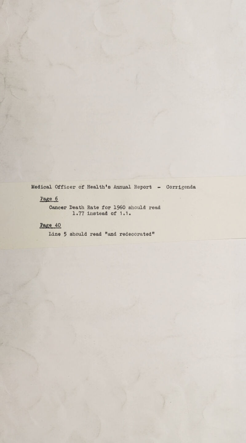 Page 6 Cancer Death Rate for I960 should read 1.77 instead of 1.1. Page 40 Line 5 should read and redecorated
