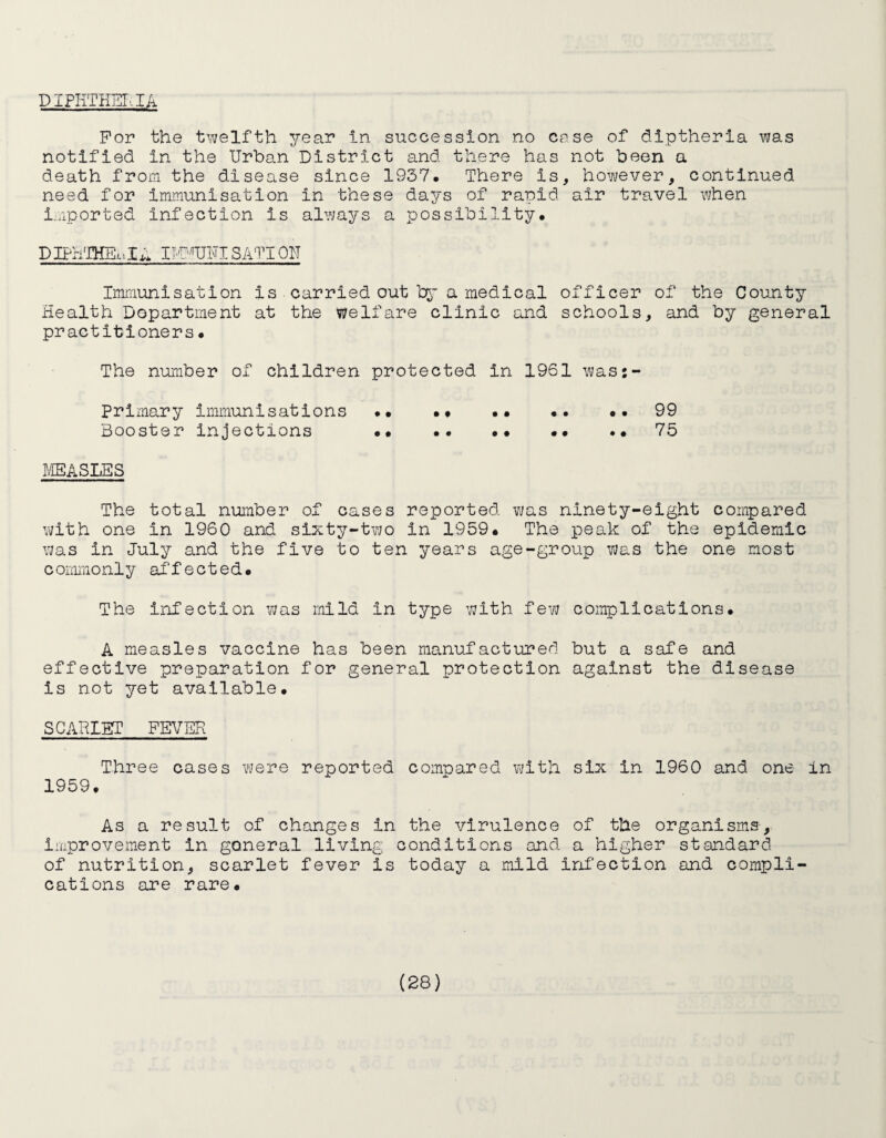 DIPHTHERIA For the twelfth year in succession no case of diptheria was notified in the Urban District and there has not been a death from the disease since 1937. There is, however, continued need for immunisation in these days of rapid air travel when Imported infection is always a possibility. DIPH'IHE.ulA IIT'fUUI SATI OH Immunisation Is carried out by a medical officer of the County Health Department at the welfare clinic and schools, and by general practitioners. The number of children protected in 1961 was:- Primary immunisations •• • • .99 Booster injections •• .. •• •• •• 75 MEASLES The total number of cases reported was ninety-eight compared with one in 1960 and sixty-two in 1959. The peak of the epidemic was In July and the five to ten years age-group was the one most commonly affected. The infection was mild in type with few complications. A measles vaccine has been manufactured but a safe and effective preparation for general protection against the disease is not yet available. SCARLET FEVER Three cases 'were reported compared with six in 1960 and one in 1959. As a result of changes in the virulence of the organisms, improvement in general living conditions and a higher standard of nutrition, scarlet fever Is today a mild infection and compli¬ cations are rare.