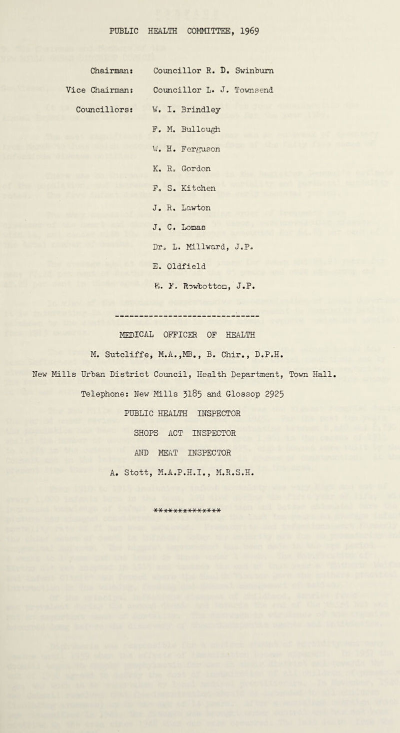 PUBLIC HEALTH COMMITTEE, 1969 Chairman: Vice Chairmans Councillors: Councillor R. D. Swinbum Councillor L. J, Townsend W. I. Brindley F. M. Builough W. H. Ferguson K. R, Gordon F, S. Kitchen J. R. Lawton J. C, Lomas Dr* L. Millward, J.P* E. Oldfield E. Y. Rowbotton, J.P. MEDICAL OFFICER OF HEALTH M. Sutcliffe, M.A.,MB., B. Chir., D.P.H. Hew Mills Urban District Council, Health Department, Town Hall. Telephone; New Mills JIQ5 and Glossop 2925 PUBLIC HEALTH INSPECTOR SHOPS ACT INSPECTOR AND MEAT INSPECTOR A. Stott, M.A.P.H.I., M.R.S.H. **************