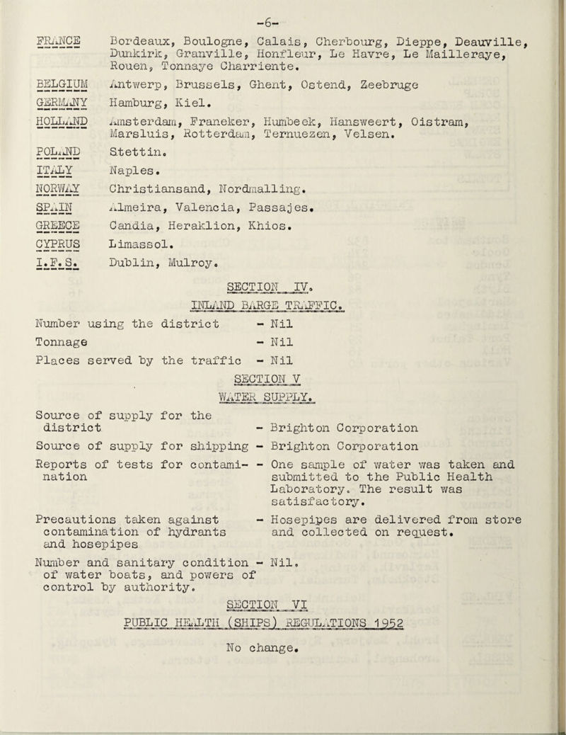 FRANCE BELGIUM GERMoETY HOLLAND POL.RJD ITALY NORWAY SPAIN GREECE CYPRUS I.P. S. Bordeaux, Boulogne, Calais, Cherbourg, Dieppe, Deauville, Dunkirk, Granville, lionfleur, Le Havre, Le Mailleraye, Rouen, Tonnaye Charriente. Antwerp, Brussels, Ghent, Ostend, Zeebruge Hamburg, Kiel. Amsterdam, Franeker, Humbeek, Hansweert, Oistram, Marsluis, Rotterdam, Ternuezen, Velsen. Stettin. Naples. Christiansand, Nordmalling. ^lmeira, Valencia, Passages# Candia, Heraklion, Khios. Limassol. Dublin, Mulroy. SECTION IV. INLAND BARGE TRAFFIC. Number using the district - Nil Tonnage - Nil Places served by the traffic - Nil SECTION V WATER SUPPLY. Source of supply for the district - Brighton Corporation Source of supply for shipping - Brighton Corporation Reports of tests for contami- - One sample of water was taken and nation submitted to the Public Health Laboratory* The result was satisfactory. Precautions taken against - Hosepipes are delivered from store contamination of hydrants and collected on request, and hosepipes Number and sanitary condition - Nil. of water boats, and powers of control by authority. SECTION VI PUBLIC HEALTH (SHIPS) REGULATIONS 1952