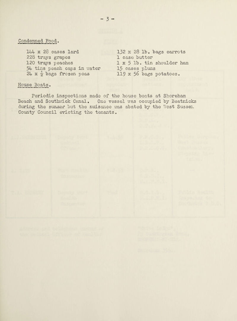 - 3 - Condemned Food. 144 x 28 cases lard 228 trays grapes 120 trays peaches 54 tins peach caps in water 24 x •§• bags frozen peas 132 x 28 lb. bags carrots 1 case butter 1 x 5 lb. tin shoulder ham 15 cases plums 119 x 56 bags potatoes. House Boats. Periodic inspections made of the house boats at Shoreham Beach and Southwick Canal. One vessel was occupied by Beatnicks during the summer but the nuisance was abated by the West Sussex County Council evicting the tenants.