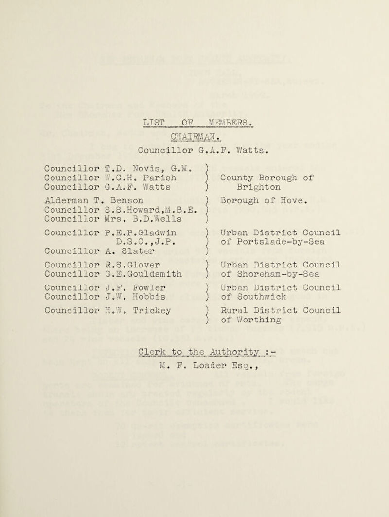 Councillor Councillor Councillor Alderman T Councillor Councillor Councillor Councillor Councillor Councillor Councillor Councillor Councillor LIST OF MEMBERS. CHAIMAI^r, Councillor G.A.F. Watts. T.D. Novis, G.M. ) W.C.H. Parish } G.A.F. Watts ) Benson ) 3.S.Howard,M.B.E. ) Mrs. 3.D.Wells ) P.E.P.Gladwin ) D.S.C.,J.P. ) A. Slater ) R.S.Glover ) G. E.Gouldsmith ) J.P. Fowler ) J.W. Hohhis ) H. W. Trickey ) ) County Borough of Brighton Borough of Hove. Urban District Council of Portslade-by-Sea Urban District Council of Shoreham-by-Sea Urban District Council of Southwick Rural District Council of Worthing Clerk to the Authority :- M. F. Loader Esq.,