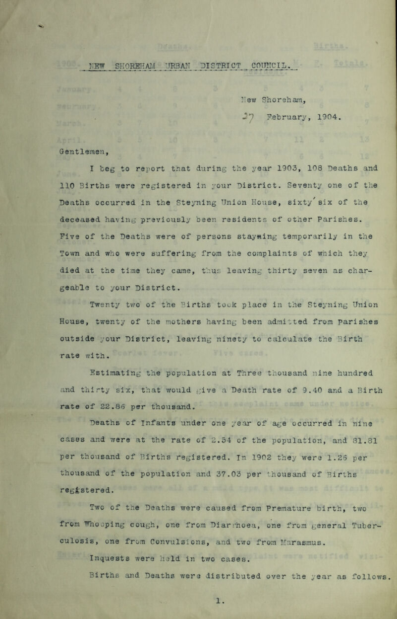 NEW SHOREHAIi __ ;JR3AN _ pISTRIC_T ^ COUNCIL. _ Hew Bhoreham, J7 February, 1904. Gentlemen, I beg to report that during the year 1903, 108 Deaths and 110 Births were registered in your District. Seventy one of the Deaths occurred in the Steyning Union House, sixty7six of the deceased having previously been residents of other Parishes. Five of the Deaths were of persons stayning temporarily in the Town and who were suffering from the complaints of which they died at the time they came, thus leaving thirty seven as char¬ geable to your District. Twenty two of the Births took place in the Steyning Union House, twenty of the mothers having been admitted from parishes outside your District, leaving ninety to calculate the Birth rate with. Estimating the population at Three thousand nine hundred and thirty six, that would give a Death rate of 9.40 and a Birth rate of 22.86 per thousand. Deaths of Infants under one year of age occurred in nine cases and were at the rate of 2.54 of the population, and 81.81 per thousand of Births registered. In 1902 they were 1.26 per thousand of the population and 37.03 per thousand of Births registered. Two of the Deaths were caused from Premature birth, two from ^hooping cough, one from Diarrhoea, one from general Tuber¬ culosis, one from Convulsions, and two from Marasmus. Inquests were held in two cases. Births and Deaths were distributed over the year as follows. 1.