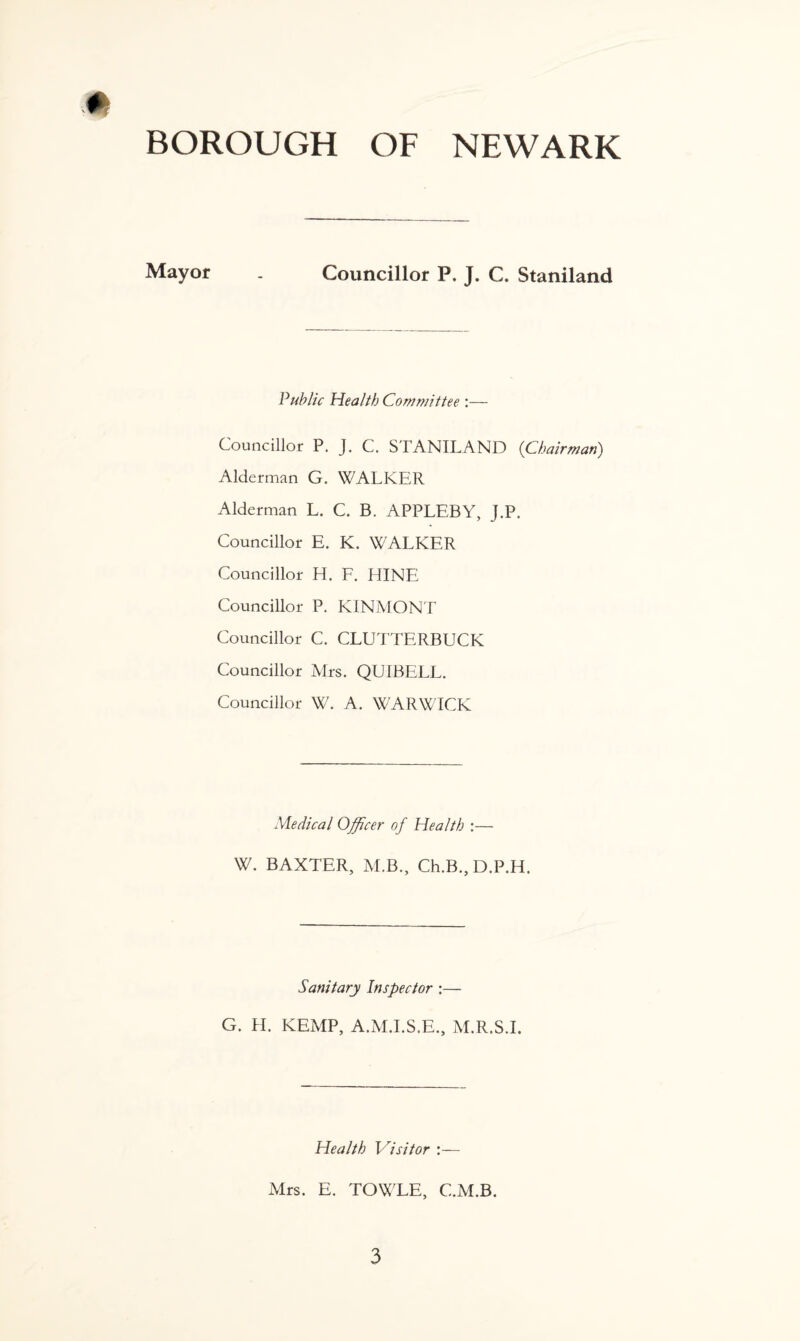 BOROUGH OF NEWARK Mayor . Councillor P. J. C. Staniland Public Health Committee :— Councillor P. J. C. STANILAND (Chairman) Alderman G. WALKER Alderman L. C. B. APPLEBY, J.P. Councillor E. K. WALKER Councillor H. F. HINE Councillor P. KINMONT Councillor C. CLUTTERBUCK Councillor Airs. QUIBELL. Councillor W. A. WARWICK Medical Officer of Health :— W. BAXTER, M.B., Ch.B.,D.P.H. Sanitary Inspector :— G. H. KEA1P, A.ALLS.E., M.R.S.I. Health Visitor :— Airs. E. TOWLE, C.ALB.