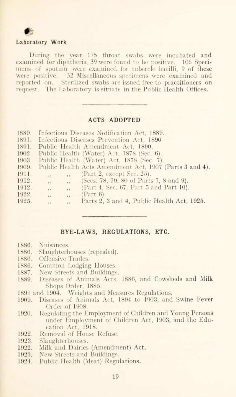 0$ Laboratory Work During the year 175 throat swabs were incubated and examined for diphtheria, 39 were found to be positive. 106 Speci¬ mens of sputum were examined for tubercle bacilli, 9 of these were positive. 32 Miscellaneous specimens were examined and reported on. Sterilized swabs are issued free to practitioners on request. The Laboratory is situate in the Public Health Offices. ACTS ADOPTED 1889. 1891. 1891. 1902. 1903. 1909. 1911. 1912. 1912. 1922. 1925. Infectious Diseases Notification Act, 1889. Infectious Diseases Prevention Act, 1890 Public Health Amendment Act, 1890. Public Health (Water) Act, 1878 (Sec. 0). Public Health (Water) Act, 1878 (Sec. 7). Public Health Acts Amendment Act, 1907 (Parts 3 and 4). ,, ,, (Part 2, except Sec. 25). ,, ,, (Secs. 78, 79, 80 of Parts 7, 8 and 9). ,, ,, (Part 4, Sec. 67, Part 5 and Part 10). „ „ (Part 6). ,, ,, Parts 2, 3 and 4, Public Health Act, 1925. BYE-LAWS, REGULATIONS, ETC. 1886. Nuisances. 1886. Slaughterhouses (repealed). 1886. Offensive Trades. 1886. Common Lodging Houses. 1887. New Streets and Buildings. 1889. Diseases of Animals Acts, 1886, and Cowsheds and Milk Shops Order, 1885. 1891 and 1904. Weights and Measures Regulations. 1909. Diseases of Animals Act, 1894 to 1903, and Swine Fever Order of 1908. 1920. Regulating the Employment of Children and Young Persons under Employment of Children Act, 1903, and the Edu¬ cation Act, 1918. 1922. Removal of House Refuse. 1923. Slaughterhouses. 1922. Milk and Dairies (Amendment) Act. 1923. New Streets and Buildings. 1924. Public Health (Meat) Regulations.