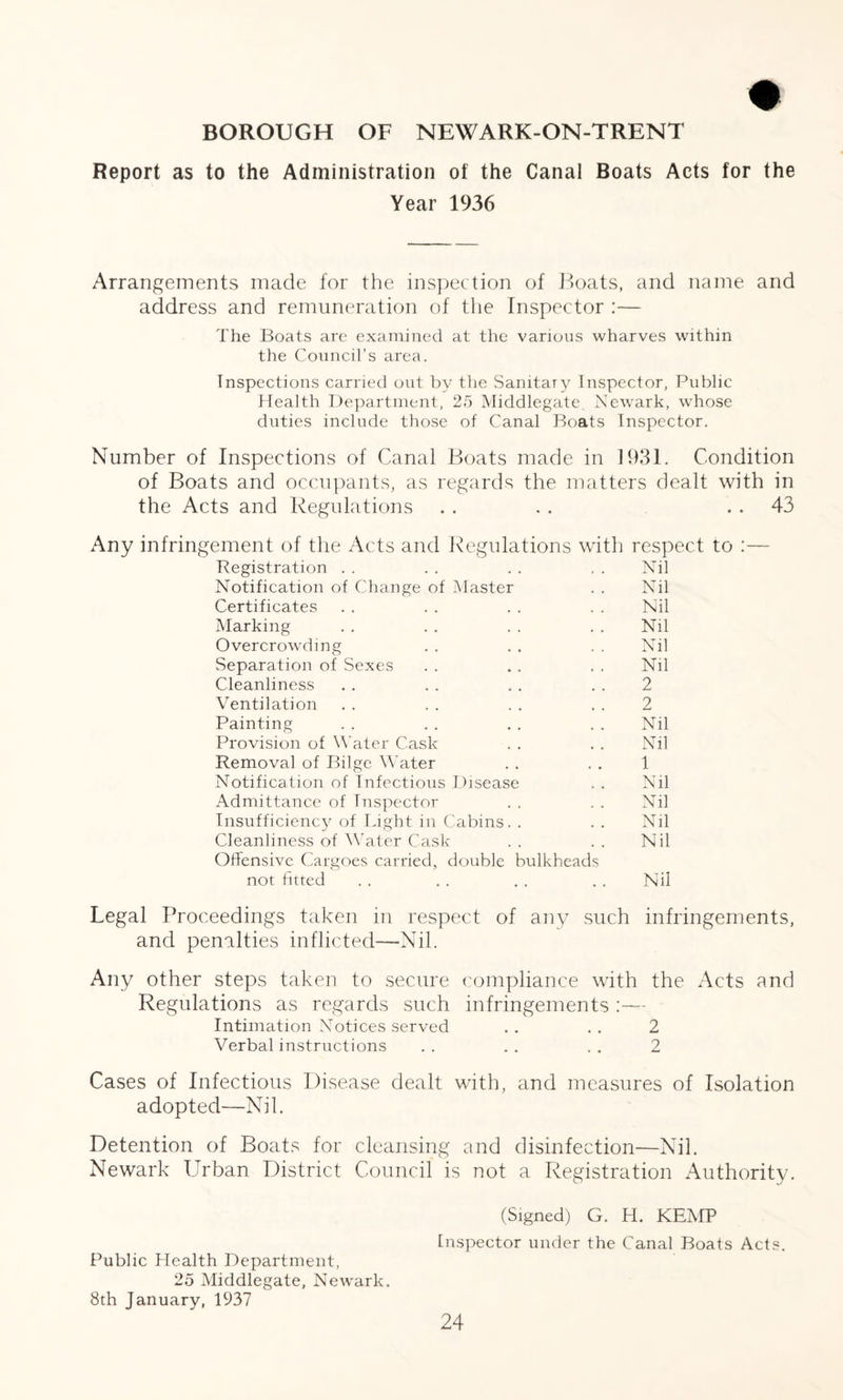 BOROUGH OF NEWARK-ON-TRENT Report as to the Administration of the Canal Boats Acts for the Year 1936 Arrangements made for the inspection of Boats, and name and address and remuneration of the Inspector :— The Boats are examined at the various wharves within the Council’s area. Inspections carried out by the Sanitary Inspector, Public Health Department, 25 Middlegate. Newark, whose duties include those of Canal Boats Inspector. Number of Inspections of Canal Boats made in 1931. Condition of Boats and occupants, as regards the matters dealt with in the Acts and Regulations . . . . 43 Any infringement of the Acts and Regulations with respect to :— Registration . . . . . . . . Nil Notification of Change of Master . . Nil Certificates . . . . . . . . Nil Marking . . . . . . . . Nil Overcrowding . . . . . . Nil Separation of Sexes . . . . . . Nil Cleanliness . . . . « . . . 2 Ventilation . . . . . . . . 2 Painting . . . . . . . . Nil Provision of Water Cask . . . . Nil Removal of Bilge Water . . . . 1 Notification of Infectious Disease . . Nil Admittance of Inspector . . . . Nil Insufficiency of Light in Cabins. . . . Nil Cleanliness of Water Cask . . . . Nil Offensive Cargoes carried, double bulkheads not fitted . . . . . . . . Nil Legal Proceedings taken in respect of any such infringements, and penalties inflicted—Nil. Any other steps taken to secure compliance with the Acts and Regulations as regards such infringements :— Intimation Notices served . . . . 2 Verbal instructions . . . . . . 2 Cases of Infectious Disease dealt with, and measures of Isolation adopted—Nil. Detention of Boats for cleansing and disinfection—Nil. Newark Urban District Council is not a Registration Authority. (Signed) G. H. KEMP Inspector under the Canal Boats Acts. Public Health Department, 25 Middlegate, Newark. 8th January, 1937