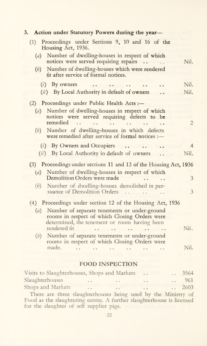 3. Action under Statutory Powers during the year— (1) Proceedings under Sections 9, 10 and 16 of the Housing Act, 1936. (a) Number of dwelling-houses in respect of which notices were served requiring repairs .. .. Nil. (b) Number of dwelling-houses which were rendered fit after service of formal notices. (i) By owners .. .. .. .. .. Nil. (//) By Local Authority in default of owners .. Nil. (2) Proceedings under Public Health Acts :— (a) Number of dwelling-houses in respect of which notices were served requiring defects to be remedied . . . . .. .. . . .. 2 (b) Number of dwelling-houses in which defects were remedied after service of formal notices :— (i) By Owners and Occupiers .. .. .. 4 (//) By Local Authority in default of owners .. Nil. (3) Proceedings under sections 11 and 13 of the Housing Act, 1936 {a) Number of dwelling-houses in respect of which Demolition Orders were made .. .. 3 (b) Number of dwelling-houses demolished in per- suance of Demolition Orders . . . . . . 3 (4) Proceedings under section 12 of the Housing Act, 1936 w Number of separate tenements or under-ground rooms in respect of which Closing Orders were determined, the tenement or room having been rendered fit Nil. (*) Number of separate tenements or under-ground rooms in respect of which Closing Orders were made. .. .. .. .. .. .. Nil. FOOD INSPECTION Visits to Slaughterhouses, Shops and Markets .. 3564 Slaughterhouses 961 Shops and Markets .. 2603 There are three slaughterhouses being used by the Ministry of Food as the slaughtering centre. A further slaughterhouse is licensed for the slaughter of self supplier pigs. 99