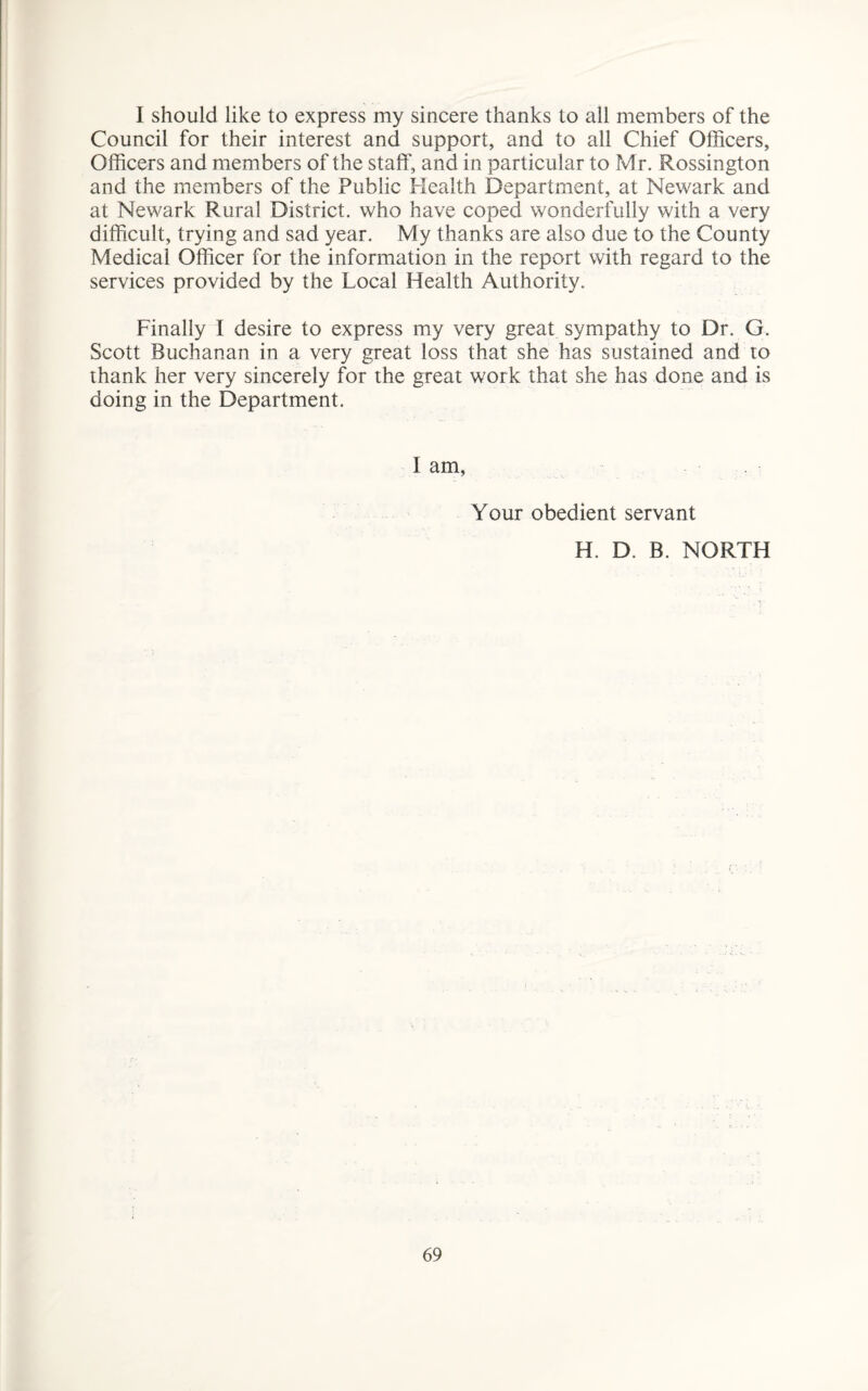 I should like to express my sincere thanks to all members of the Council for their interest and support, and to all Chief Officers, Officers and members of the staff, and in particular to Mr. Rossington and the members of the Public Health Department, at Newark and at Newark Rural District, who have coped wonderfully with a very difficult, trying and sad year. My thanks are also due to the County Medical Officer for the information in the report with regard to the services provided by the Local Health Authority. Finally I desire to express my very great sympathy to Dr. G. Scott Buchanan in a very great loss that she has sustained and to thank her very sincerely for the great work that she has done and is doing in the Department. I am, Your obedient servant H. D. B. NORTH