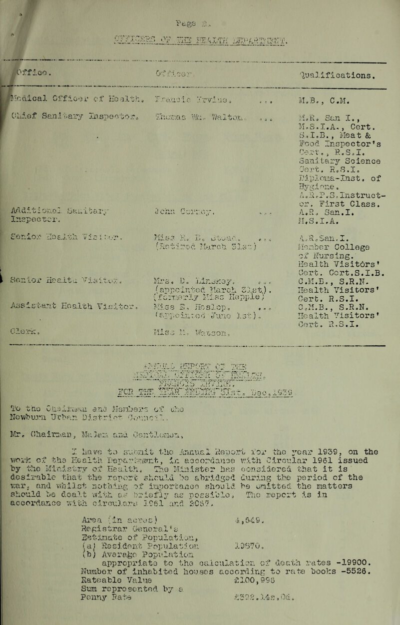 Qualifications. . n-r- u 0.^,0 U.r-:i jl. » .. Office. *■ ■>. ; ’Medical Officer of Health* cuio.a: .:■ l’v: Addit 1 onal Sanitar;;* Inspector. Sonic:? Health Visitor, Senior He ait a Visitor <, Assis tant Hoaith Viaitor, Clerk I /■> v ^ C*' • i*~ j -s — O L. ■-> ^ «v. j. ^ > , *7 tils.?• Kc Hi otuadt ■f ♦-.* c* c, r'i 7T • 1 t> r* rr J *■: — * ; .av v/ 'j L. I id. i v/ ’j. n.o . ; Ww*Zi P ’i-- 1/^7 11.. 0 <• AOfi.^ j' f; C U C ( cr\T>r> ■' >> -i-o r* 7' T>» r»p > ^ u f ^ r fy *' T-fK'im #y> I ~7“ Q ^ TTl^'nT-i 1 f * f y J. u * J,./I * --#x j.- . -x. v 1 k-j 1 iA' b / r? Q i? TTr. r, *» - . O jH*. ^ J j.' & J.., c f a v? (fr.ppc in; o <*j Hu.no J. 31), rlisa 11, Wa*o3o 11, MAB*, C.M. .11ary In sp 0 010 r * * f • f v*’n 0 ■» T/n ^ 4* av ^ wCi b \ VA.i, c Y/ci-L ^ vJ.Cj. r 7? 0 c M.R 0 San J-M M.S • J. • A« > Cert. a S, I • B. , H [eat & Pcocl Inspector’s Cert* i R0S0L Sanitary Science O J. L . JT. p S * JL e Hip1oma-Inst, of Hygiene0 t, o A oliSr Inst ru c t * or. First Class. A.R* San.I, ?. T Q *r A X' i if O e _L «• jH. • AA is San <■ I. Member College of Horsing. He alth Visitors’ Cert. Ccrt.S.I.B. C.M.B., S.R.N. Health Visitors’ Cert. R.S.I. 0, M.B., S.R.N. lie a 1th Visitors’ ,,„x - ■> o T OOP U » it. <> O . Jl • .flHiAS REPORT OF PHH An'CFFI ir-. ■ xa u; 11' /, 711' vc .1 JXw X. .•..i.1. > .'j. i. X’ . ■- 'J—xL w - 1 i... .1 x ;• .1 j j. 1.. f, TTCI? T‘~:rr x ui i>'7 T.7C; • * fc V aj. J c *Yr?, ri _n ^77 'n-dv-'O■ -Vh JJ J. . 1/ ^ J.v -T vjJ .3) 1.. - ^ F' f (j t Q V.V 1% v/ ' ^ e7 To the Oneirrtaii and Henhers of oho Novt/hurn Urban District- Ocmcil. Mr* OhaimaD, MaUan and OentlenoTx, I have to subnit the Annual Ren or t desirable that the for the year 193S on the should be dealt 1th Pep ain-LL^n t, in ac n or danc 0 of He a 1th c Tb.a T. /r x}a X .L._I .L s te r ha fl k? the rep ort •*» V- Oli J 1 A, U,.-'. d he a hi* idge d ■V* r . .u c* thin g of i w J mpo rtaxic 0 s houl d \vi th a. 7 b: • -i. v./ fiy as p 0 So .1 £ lO 0 • c 1 rcul ars 19 61 •-1 y' r! C> wl. « ,1 *-» ' 0 67 a The report is in 1,64.9 IDS 70 Are a •’ in 0, c re s ) Re gistrar Genera. 1v 0 Bat mate of Population., \ a) Re s 5. do nt P op ula t:: on (b) Ave rafeo P opu.lat ion appropriate to the caiculation of death rates -19900. Number of inhabited houses according to rate books -5526. Rateable Value £100>996 Sum represented by a Ponny Pate 13 C?2.14 s, Od 4