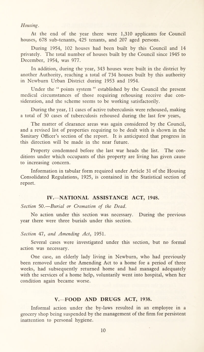 Housing. At the end of the year there were 1,310 applicants for Council houses, 678 sub-tenants, 425 tenants, and 207 aged persons. During 1954, 102 houses had been built by this Council and 14 privately. The total number of houses built by the Council since 1945 to December, 1954, was 977. In addition, during the year, 343 houses were built in the district by another Authority, reaching a total of 734 houses built by this authority in Newburn Urban District during 1953 and 1954. Under the “ points system ” established by the Council the present medical circumstances of those requiring rehousing receive due con¬ sideration, and the scheme seems to be working satisfactorily. During the year, 11 cases of active tuberculosis were rehoused, making a total of 30 cases of tuberculosis rehoused during the last few years, The matter of clearance areas was again considered by the Council, and a revised list of properties requiring to be dealt with is shown in the Sanitary Officer’s section of the report. It is anticipated that progress in this direction will be made in the near future. Property condemned before the last war heads the list. The con¬ ditions under which occupants of this property are living has given cause to increasing concern. Information in tabular form required under Article 31 of the Housing Consolidated Regulations, 1925, is contained in the Statistical section of report. IV.—NATIONAL ASSISTANCE ACT, 1948. Section 50.—Burial or Cremation of the Dead. No action under this section was necessary. During the previous year there were three burials under this section. Section 47, and Amending Act, 1951. Several cases were investigated under this section, but no formal action was necessary. One case, an elderly lady living in Newburn, who had previously been removed under the Amending Act to a home for a period of three weeks, had subsequently returned home and had managed adequately with the services of a home help, voluntarily went into hospital, when her condition again became worse. V.—FOOD AND DRUGS ACT, 1938. Informal action under the by-laws resulted in an employee in a grocery shop being suspended by the management of the firm for persistent inattention to personal hygiene.