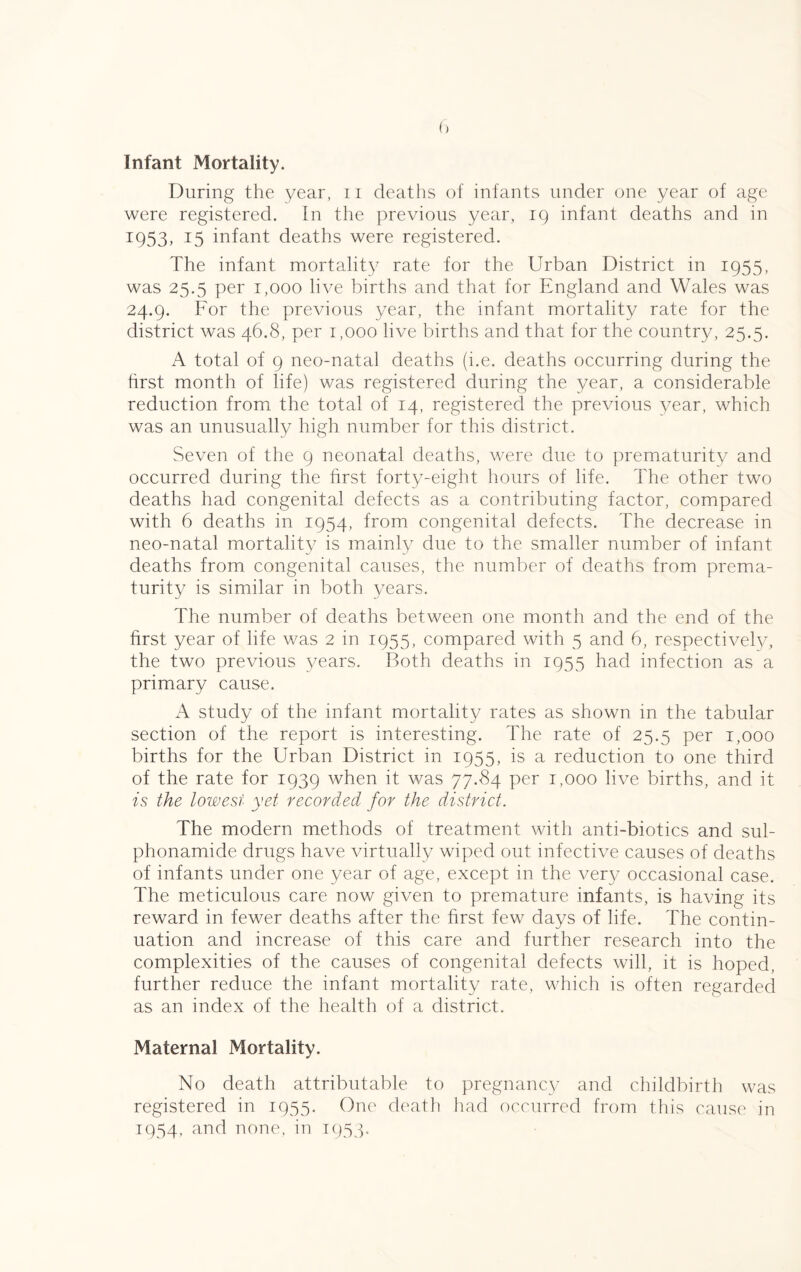 Infant Mortality. During the year, 11 deaths of infants under one year of age were registered. In the previous year, 19 infant deaths and in 1:953, 15 infant deaths were registered. The infant mortality rate for the Urban District in 1955, was 25.5 per 1,000 live births and that for England and Wales was 24.9. For the previous year, the infant mortality rate for the district was 46.8, per 1,000 live births and that for the country, 25.5. A total of 9 neo-natal deaths (i.e. deaths occurring during the first month of life) was registered during the year, a considerable reduction from the total of 14, registered the previous year, which was an unusually high number for this district. Seven of the 9 neonatal deaths, were due to prematurity and occurred during the first forty-eight hours of life. The other two deaths had congenital defects as a contributing factor, compared with 6 deaths in 1954, from congenital defects. The decrease in neo-natal mortality is mainly due to the smaller number of infant deaths from congenital causes, the number of deaths from prema¬ turity is similar in both years. The number of deaths between one month and the end of the first year of life was 2 in 1955, compared with 5 and 6, respectively, the two previous years. Both deaths in 1955 had infection as a primary cause. A study of the infant mortality rates as shown in the tabular section of the report is interesting. The rate of 25.5 per 1,000 births for the Urban District in 1955, is a reduction to one third of the rate for 1939 when it was 77.84 per 1,000 live births, and it is the lowest yet recorded for the district. The modern methods of treatment with anti-biotics and sul- phonamide drugs have virtually wiped out infective causes of deaths of infants under one year of age, except in the very occasional case. The meticulous care now given to premature infants, is having its reward in few^er deaths after the first few days of life. The contin¬ uation and increase of this care and further research into the complexities of the causes of congenital defects will, it is hoped, further reduce the infant mortality rate, which is often regarded as an index of the health of a district. Maternal Mortality. No death attributable to pregnancy and childbirth was registered in 1955. One death had occurred from this cause in