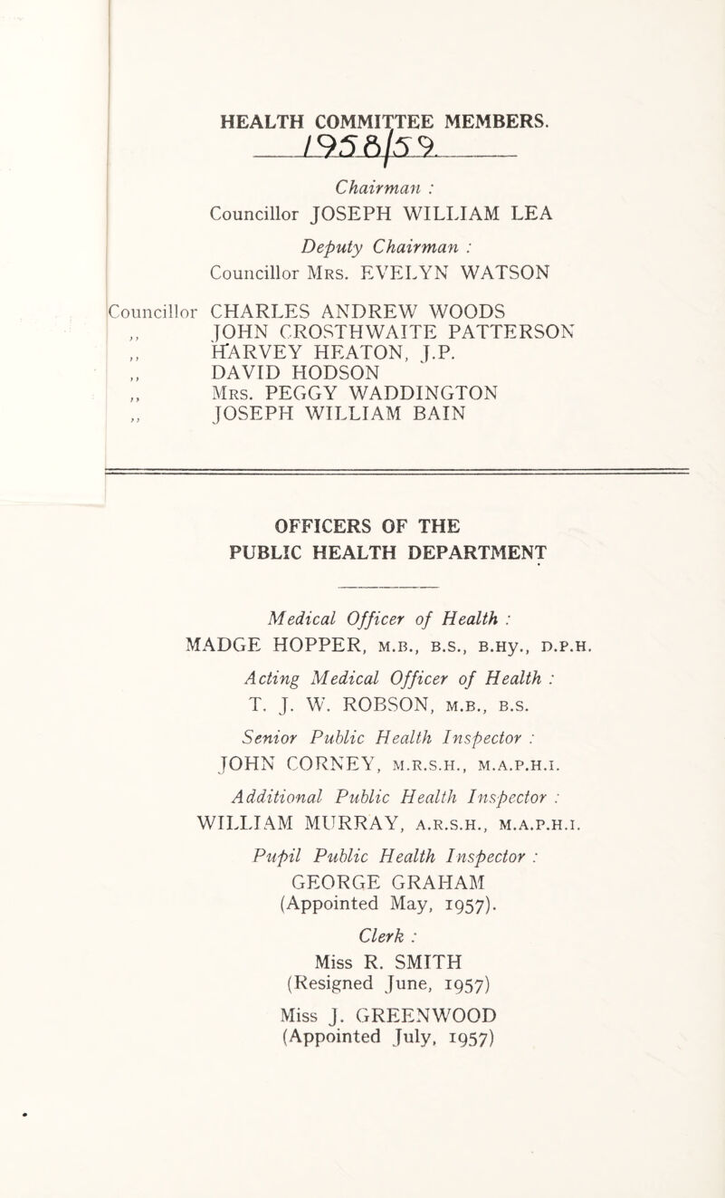 HEALTH COMMITTEE MEMBERS. / 95 ft/S 9 Chairman : Councillor JOSEPH WILLIAM LEA Deputy Chairman : Councillor Mrs. EVELYN WATSON Councillor CHARLES ANDREW WOODS JOHN CROSTHWAITE PATTERSON HARVEY HEATON, J.P. DAVID HODSON Mrs. PEGGY WADDINGTON JOSEPH WILLIAM BAIN OFFICERS OF THE PUBLIC HEALTH DEPARTMENT Medical Officer of Health : MADGE HOPPER, m.b., b.s., B.Hy., d.p.h. Acting Medical Officer of Health : T. J. W. ROBSON, m.b., b.s. Senior Public Health Inspector : JOHN CORNEY, m.r.s.h., m.a.p.h.i. Additional Public Health Inspector : WILLIAM MURRAY, a.r.s.h., m.a.p.h.i. Pupil Public Health Inspector : GEORGE GRAHAM (Appointed May, 1957). Clerk : Miss R. SMITH (Resigned June, 1957) Miss J. GREENWOOD (Appointed July, 1957)