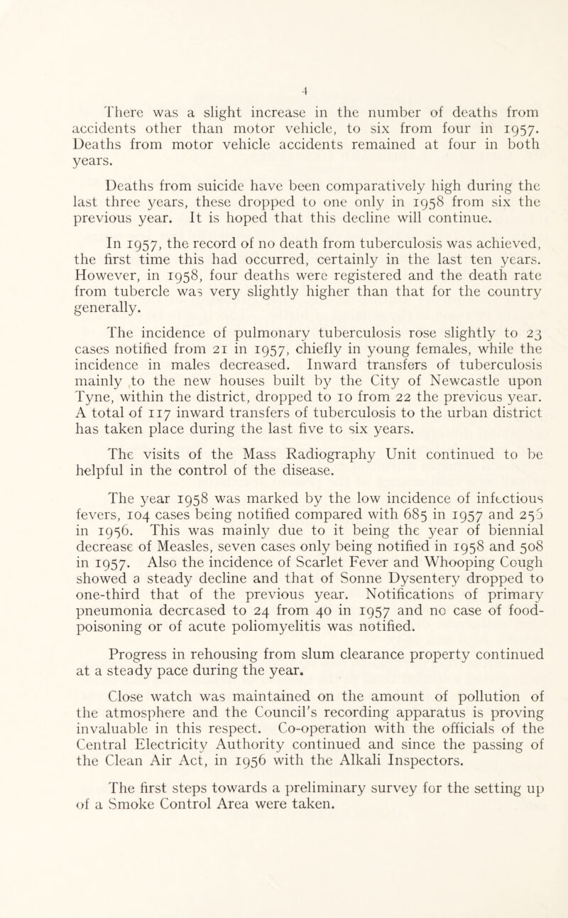 There was a slight increase in the number of deaths from accidents other than motor vehicle, to six from four in 1957. Deaths from motor vehicle accidents remained at four in both years. Deaths from suicide have been comparatively high during the last three years, these dropped to one only in 1958 from six the previous year. It is hoped that this decline will continue. In 1957, the record of no death from tuberculosis was achieved, the first time this had occurred, certainly in the last ten years. However, in 1958, four deaths were registered and the death rate from tubercle was very slightly higher than that for the country generally. The incidence of pulmonary tuberculosis rose slightly to 23 cases notified from 21 in 1957, chiefly in young females, while the incidence in males decreased. Inward transfers of tuberculosis mainly to the new houses built by the City of Newcastle upon Tyne, within the district, dropped to 10 from 22 the previous year. A total of 117 inward transfers of tuberculosis to the urban district has taken place during the last five to six years. The visits of the Mass Radiography Unit continued to be helpful in the control of the disease. The year 1958 was marked by the low incidence of infectious fevers, 104 cases being notified compared with 685 in 1957 and 250 in 1956. This was mainly due to it being the year of biennial decrease of Measles, seven cases only being notified in 1958 and 508 in 1957. Also the incidence of Scarlet Fever and Whooping Cough showed a steady decline and that of Sonne Dysentery dropped to one-third that of the previous year. Notifications of primary pneumonia decreased to 24 from 40 in 1957 and no case of food¬ poisoning or of acute poliomyelitis was notified. Progress in rehousing from slum clearance property continued at a steady pace during the year. Close watch was maintained on the amount of pollution of the atmosphere and the Council's recording apparatus is proving invaluable in this respect. Co-operation with the officials of the Central Electricity Authority continued and since the passing of the Clean Air Act, in 1956 with the Alkali Inspectors. The first steps towards a preliminary survey for the setting up of a Smoke Control Area were taken.