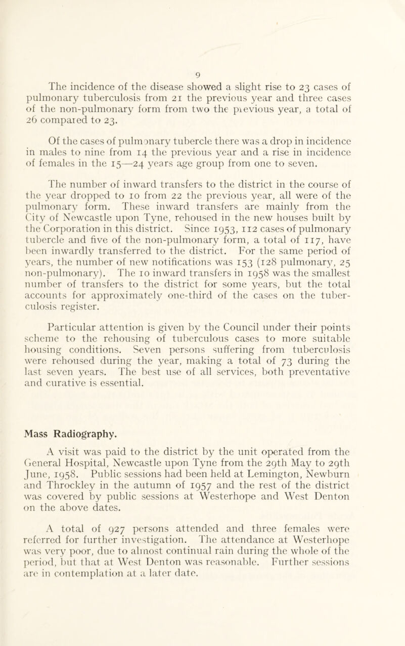 The incidence of the disease showed a slight rise to 23 cases of pulmonary tuberculosis from 21 the previous year and three cases of the non-pulmonary form from two the pievious year, a total of 26 compared to 23. Of the cases of pulmonary tubercle there was a drop in incidence in males to nine from 14 the previous year and a rise in incidence of females in the 15—24 years age group from one to seven. The number of inward transfers to the district in the course of the year dropped to 10 from 22 the previous year, all were of the pulmonary form. These inward transfers are mainly from the City of Newcastle upon Tyne, rehoused in the new houses built by the Corporation in this district. Since 1953, 112 cases of pulmonary tubercle and five of the non-pulmonary form, a total of 117, have been inwardly transferred to the district. For the same period of years, the number of new notifications was 153 (128 pulmonary, 25 non-pulmonary). The 10 inward transfers in 1958 was the smallest number of transfers to the district for some years, but the total accounts for approximately one-third of the cases on the tuber¬ culosis register. Particular attention is given by the Council under their points scheme to the rehousing of tuberculous cases to more suitable housing conditions. Seven persons suffering from tuberculosis were rehoused during the year, making a total of 73 during the last seven years. The best use of all services, both preventative and curative is essential. Mass Radiography. A visit was paid to the district by the unit operated from the General Hospital, Newcastle upon Tyne from the 29th May to 29th June, 1958. Public sessions had been held at Lemington, Newburn and Throckley in the autumn of 1957 and the rest of the district was covered by public sessions at Westerhope and West Denton on the above dates. A total of 927 persons attended and three females were referred for further investigation. The attendance at Westerhope was very poor, due to almost continual rain during the whole of the period, but that at West Denton was reasonable. Further sessions are in contemplation at a later date.