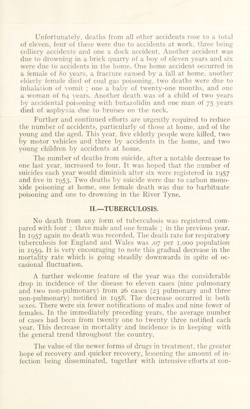 Unfortunately, deaths from all other accidents rose to a total of eleven, four of these were due to accidents at work, three being colliery accidents and one a dock accident. Another accident was due to drowning in a brick quarry of a boy of eleven years and six were due to accidents in the home. One home accident occurred in a female of 80 years, a fracture caused by a fall at home, another elderly female died of coal gas poisoning, two deaths were due to inhalation of vomit ; one a baby of twenty-one months, and one a woman of 64 years. Another death was of a child of two years by accidental poisoning with butazolidin and one man of 75 years died of asphyxia due to bruises on the neck. Further and continued efforts are urgently required to reduce the number of accidents, particularly of those at home, and of the young and the aged. This year, five elderly people were killed, two by motor vehicles and three by accidents in the home, and two young children by accidents at home. The number of deaths from suicide, after a notable decrease to one last year, increased to four. It was hoped that the number of suicides each year would diminish after six were registered in 1957 and five in 1953. Two deaths by suicide were due to carbon mono¬ xide poisoning at home, one female death was due to barbituate poisoning and one to drowning in the River Tyne. II.—TUBERCULOSIS. No death from any form of tuberculosis was registered com¬ pared with four ; three male and one female ; in the previous year. In 1957 again no death was recorded. The death rate for respiratory tuberculosis for England and Wales was .07 per 1,000 population in 1959. It is very encouraging to note this gradual decrease in the mortality rate which is going steadily downwards in spite of oc¬ casional fluctuation. A further welcome feature of the year was the considerable drop in incidence of the disease to eleven cases (nine pulmonary and two non-pulmonary) from 26 cases (23 pulmonary and three non-pulmonary) notified in 1958. The decrease occurred in both sexes. There were six fewer notifications of males and nine fewer of females. In the immediately preceding years, the average number of cases had been from twenty one to twenty three notified each year. This decrease in mortality and incidence is in keeping with the general trend throughout the country. The value of the newer forms of drugs in treatment, the greater hope of recovery and quicker recovery, lessening the amount of in¬ fection being disseminated, together with intensive efforts at con-