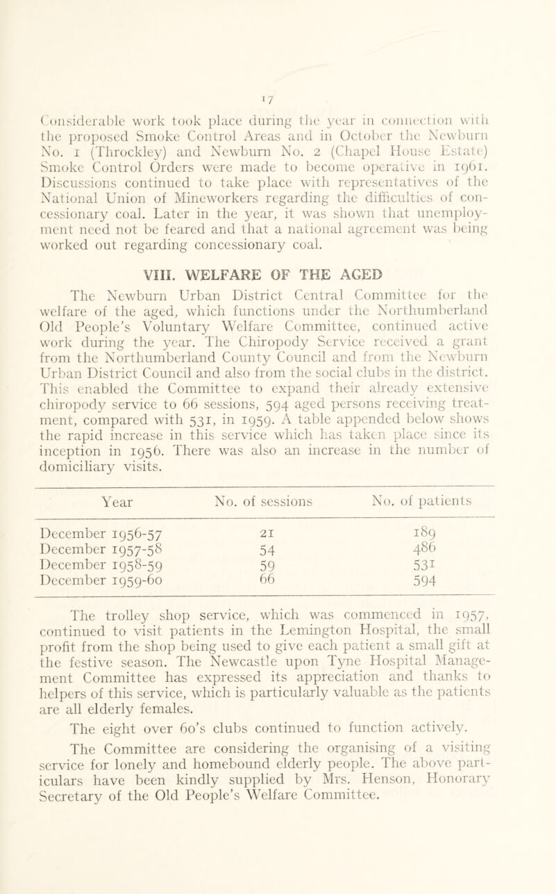 Considerable work took place during the year in connection with the proposed Smoke Control Areas and in October the Newborn No. i (Throckley) and Newburn No. 2 (Chapel House Estate) Smoke Control Orders were made to become operative in 1961. Discussions continued to take place with representatives of the National Union of Mineworkers regarding the difficulties of con¬ cessionary coal. Later in the year, it was shown that unemploy¬ ment need not be feared and that a national agreement was being worked out regarding concessionary coal. VIII, WELFARE OF THE AGED The Newburn Urban District Central Committee for the welfare of the aged, which functions under the Northumberland Old People’s Voluntary Welfare Committee, continued active work during the year. The Chiropody Service received a grant from the Northumberland County Council and from the Newburn Urban District Council and also from the social clubs in the district. This enabled the Committee to expand their already extensive chiropody service to 66 sessions, 594 aged persons receiving treat¬ ment, compared with 531, in 1959. A table appended below shows the rapid increase in this service which has taken place since its inception in 1956. There was also an increase in the number of domiciliary visits. Year No. of sessions No. of patients December 1956-57 21 189 December 1957-58 54 486 December 1958-59 59 53i December 1959-60 66 594 The trolley shop service, which was commenced in 1957, continued to visit patients in the Lemington Hospital, the small profit from the shop being used to give each patient a small gift at the festive season. The Newcastle upon Tyne Hospital Manage¬ ment Committee has expressed its appreciation and thanks to helpers of this service, which is particularly valuable as the patients are all elderly females. The eight over bo’s clubs continued to function actively. The Committee are considering the organising of a visiting service for lonely and homebound elderly people. The above part¬ iculars have been kindly supplied by Mrs. Henson, Honorary Secretary of the Old People’s Welfare Committee.