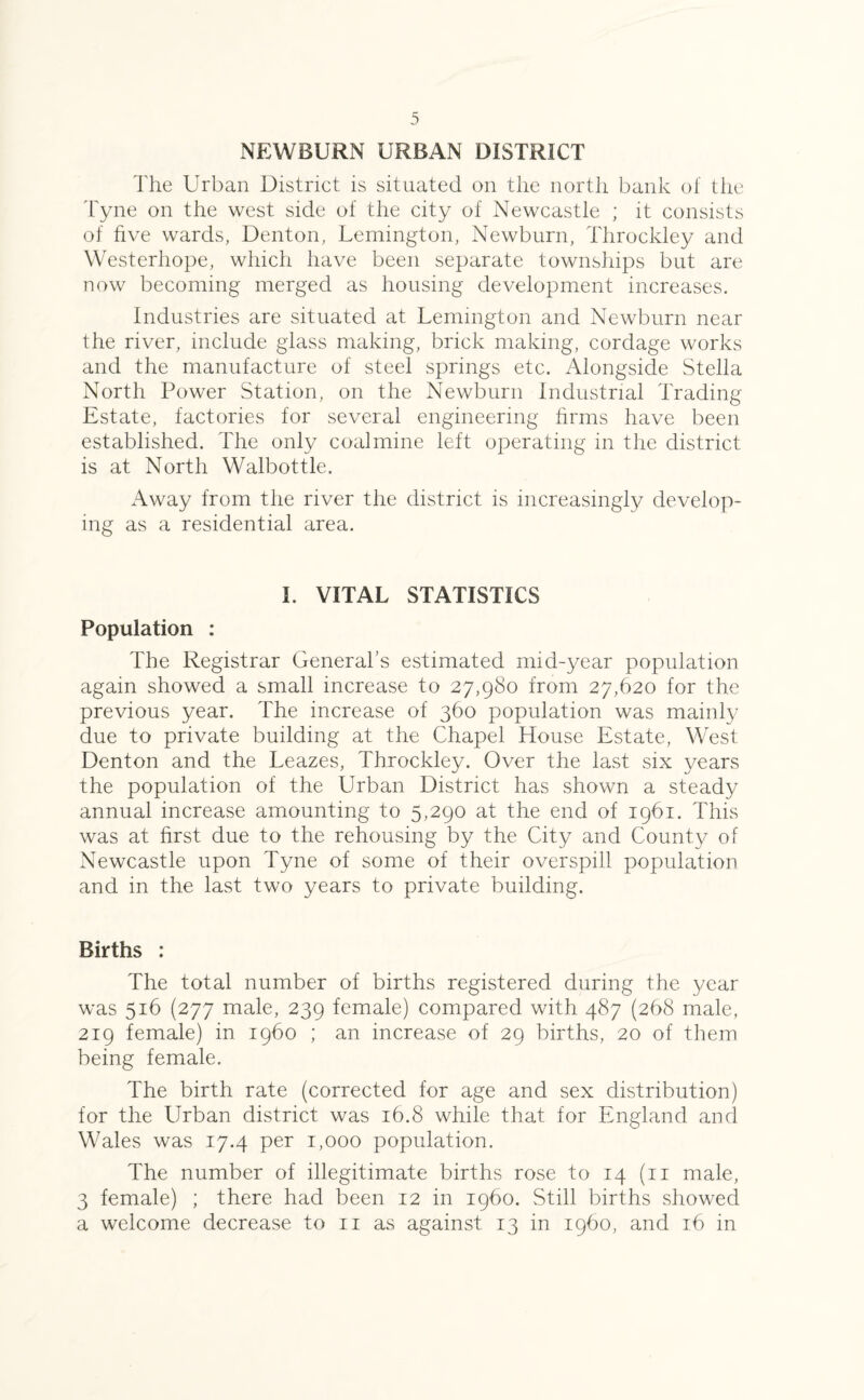 NEWBURN URBAN DISTRICT The Urban District is situated on the north bank of the Tyne on the west side of the city of Newcastle ; it consists of five wards, Denton, Lemington, Newburn, Throckley and Westerhope, which have been separate townships but are now becoming merged as housing development increases. Industries are situated at Lemington and Newburn near the river, include glass making, brick making, cordage works and the manufacture of steel springs etc. Alongside Stella North Power Station, on the Newburn Industrial Trading Estate, factories for several engineering firms have been established. The only coalmine left operating in the district is at North Walbottle. Away from the river the district is increasingly develop¬ ing as a residential area. I. VITAL STATISTICS Population : The Registrar General’s estimated mid-year population again showed a small increase to 27,980 from 27,620 for the previous year. The increase of 360 population was mainly due to private building at the Chapel House Estate, West Denton and the Leazes, Throckley. Over the last six years the population of the Urban District has shown a steady annual increase amounting to 5,290 at the end of 1961. This was at first due to the rehousing by the City and County of Newcastle upon Tyne of some of their overspill population and in the last two years to private building. Births : The total number of births registered during the 3/ear was 516 (277 male, 239 female) compared with 487 (268 male, 219 female) in i960 ; an increase of 29 births, 20 of them being female. The birth rate (corrected for age and sex distribution) for the Urban district was 16.8 while that for England and Wales was 17.4 per 1,000 population. The number of illegitimate births rose to 14 (11 male, 3 female) ; there had been 12 in i960. Still births showed a welcome decrease to 11 as against 13 in i960, and 16 in