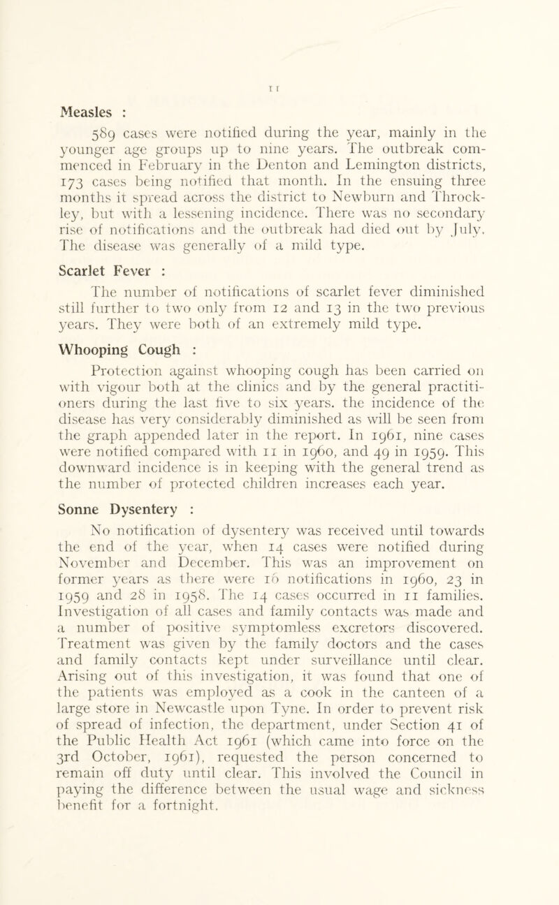 Measles : 589 cases were notified during the year, mainly in the younger age groups up to nine years. The outbreak com¬ menced in February in the Denton and Lemington districts, 173 cases being notified that month. In the ensuing three months it spread across the district to Newburn and Throck- ley, but with a lessening incidence. There was no secondary rise of notifications and the outbreak had died out by July, The disease was generally of a mild type. Scarlet Fever : The number of notifications of scarlet fever diminished still further to two only from 12 and 13 in the two previous years. They were both of an extremely mild type. Whooping Cough : Protection against whooping cough has been carried on with vigour both at the clinics and by the general practiti¬ oners during the last five to six years, the incidence of the disease has very considerably diminished as will be seen from the graph appended later in the report. In 1961, nine cases were notified compared with 11 in i960, and 49 in 1959. This downward incidence is in keeping with the general trend as the number of protected children increases each year. Sonne Dysentery : No notification of dysentery was received until towards the end of the year, when 14 cases were notified during November and December. This was an improvement on former years as there were 16 notifications in i960, 23 in 1959 and 28 in 1958. The 14 cases occurred in 11 families. Investigation of all cases and family contacts was made and a number of positive symptomless excretors discovered. Treatment was given by the family doctors and the cases and family contacts kept under surveillance until clear. Arising out of this investigation, it was found that one of the patients was employed as a cook in the canteen of a large store in Newcastle upon Tyne. In order to prevent risk of spread of infection, the department, under Section 41 of the Public Health Act 1961 (which came into force on the 3rd October, 1961), requested the person concerned to remain off duty until clear. This involved the Council in paying the difference between the usual wage and sickness benefit for a fortnight.