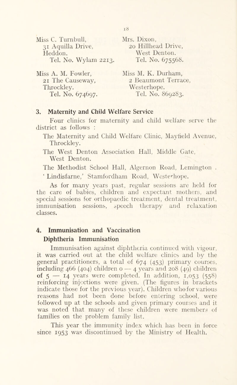 Miss C. Turnbull, 31 Aquilla Drive, Heddon. Mrs. Dixon, 20 Hillliead Drive, West Denton. Tel. No. Wylam 2213. Tel. No. 675568. Miss A. M. Fowler, 21 The Causeway, Throckley. Miss M. K. Durham, 2 Beaumont Terrace Westerhope. Tel. No. 674697. Tel. No. 869283. 3. Maternity and Child Welfare Service Four clinics for maternity and child welfare serve the district as follows : The Maternity and Child Welfare Clinic, Mayfield Avenue, Throckley. The West Denton Association Hall, Middle Gate, West Denton. The Methodist School Hall, Algernon Road, Lemington . ‘ Lindisfarne/ Stamfordham Road, Westerhope. As for many years past, regular sessions are held for the care of babies, children and expectant mothers, and special sessions for orthopaedic treatment, dental treatment, immunisation sessions, opeech therapy and relaxation classes. 4. Immunisation and Vaccination Diphtheria Immunisation Immunisation against diphtheria continued with vigour, it was carried out at the child welfare clinics and by the general practitioners, a total of 674 (453) primary courses, including 466 (404) children o — 4 years and 208 (49) children of 5 — 14 years were completed. In addition, 1,053 (55$) reinforcing injections were given. (The figures in brackets indicate those for the previous year). Children who for various reasons had not been done before entering school, were followed up at the schools and given primary courses and it was noted that many of these children were members of families on the problem family list. This year the immunity index which has been in force since 1953 was discontinued by the Ministry of Health.