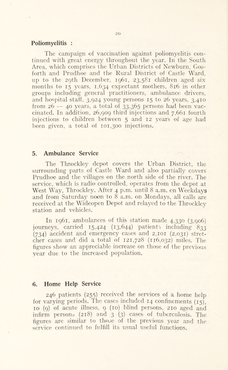 Poliomyelitis : The campaign of vaccination against poliomyelitis con¬ tinued with great energy throughout the year. In the South Area, which comprises the Urban Districts of Newburn, Gos- forth and Prudhoe and the Rural District of Castle Ward, up to the 29th December, 1961, 23,581 children aged six months to 15 years, 1,634 expectant mothers, 816 in other groups including general practitioners, ambulance drivers, and hospital staff, 3,924 young persons 15 to 26 years, 3,410 from 26 — 40 years, a total of 33,365 persons had been vac¬ cinated. In addition, 26,909 third injections and 7,661 fourth injections to children between 5 and 12 years of age had been given, a total of 101,300 injections. 5. Ambulance Service The Throckley depot covers the Urban District, the surrounding parts of Castle Ward and also partially covers Prudhoe and the villages on the north side of the river. The service, which is radio controlled, operates from the depot at West Way, Throckley. After 4 p.m. until 8 a.m. on Weekdays and from Saturday noon to 8 a.m. on Mondays, all calls are received at the Wideopen Depot and relayed to the Throckley station and vehicles. In 1961, ambulances of this station made 4,330 (3,906) journeys, carried 15,424 (13,644) patients including 833 (734) accident and emergency cases and 2,101 (2,031) stret¬ cher cases and did a total of 121,728 (116,032) miles. The figures show an appreciable increase on those of the previous year due to the increased population. 6. Home Help Service 246 patients (255) received the services of a home help for varying periods. The cases included 14 confinements (15), 10 (9) of acute illness, 9 (10) blind persons, 210 aged and infirm person^ (218) and 3 (3) cases of tuberculosis. The figures are similar to those of the previous year and the service continued to fulfill its usual useful functions.