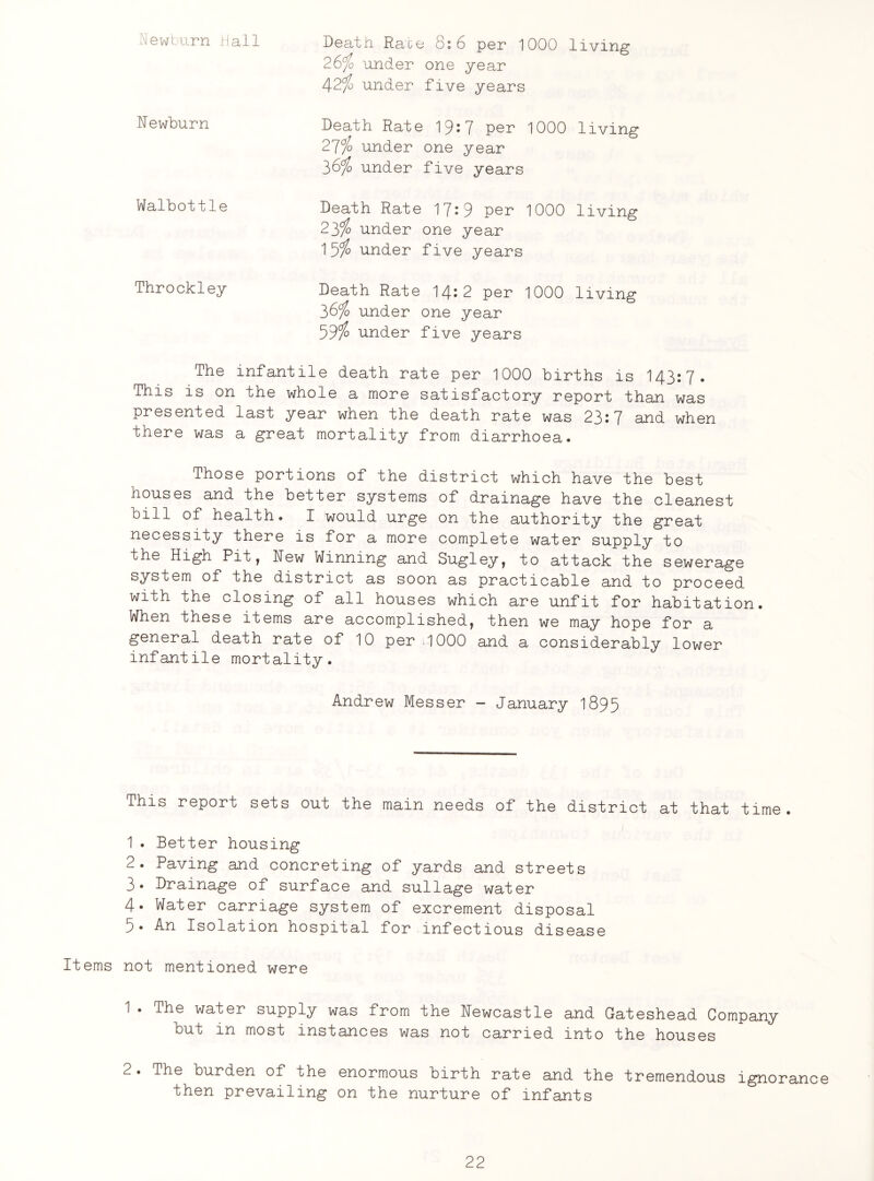 Newburn Hall Death Race 8:6 per 1000 living 2&fo under one year 42/o under five years Hewburn Death Rate 19:7 per 1000 living 27alo under one year 36% under five years Walbottle Death Rate 17:9 per 1000 living 23io under one year 151° under five years Throckley Death Rate 14:2 per 1000 living 36% under one year 59% under five years The infantile death rate per 1000 births is 143:7. This is on the whole a more satisfactory report than was presented last year when the death rate was 23:7 and when there was a great mortality from diarrhoea. Those portions of the district which have the best houses and the better systems of drainage have the cleanest Dill of health. I would urge on the authority the great necessity there is for a more complete water supply to the High Pit, Hew Winning and Sugley, to attack the sewerage system of the district as soon as practicable and to proceed with the closing of all houses which are unfit for habitation. When these items are accomplished, then we may hope for a general death rate of 10 per \1000 and a considerably lower infantile mortality. Andrew Messer — January 1895 This report sets out the main needs of the district at that time. 1 . Better housing 2. Paving and concreting of yards and streets 3• Drainage of surface and sullage water 4* Water carriage system of excrement disposal 5. An Isolation hospital for infectious disease Items not mentioned were 1. The water supply was from the Hewcastle and Gateshead Company but in most instances was not carried into the houses 2. The burden of the enormous birth rate and the tremendous ignorance then prevailing on the nurture of infants