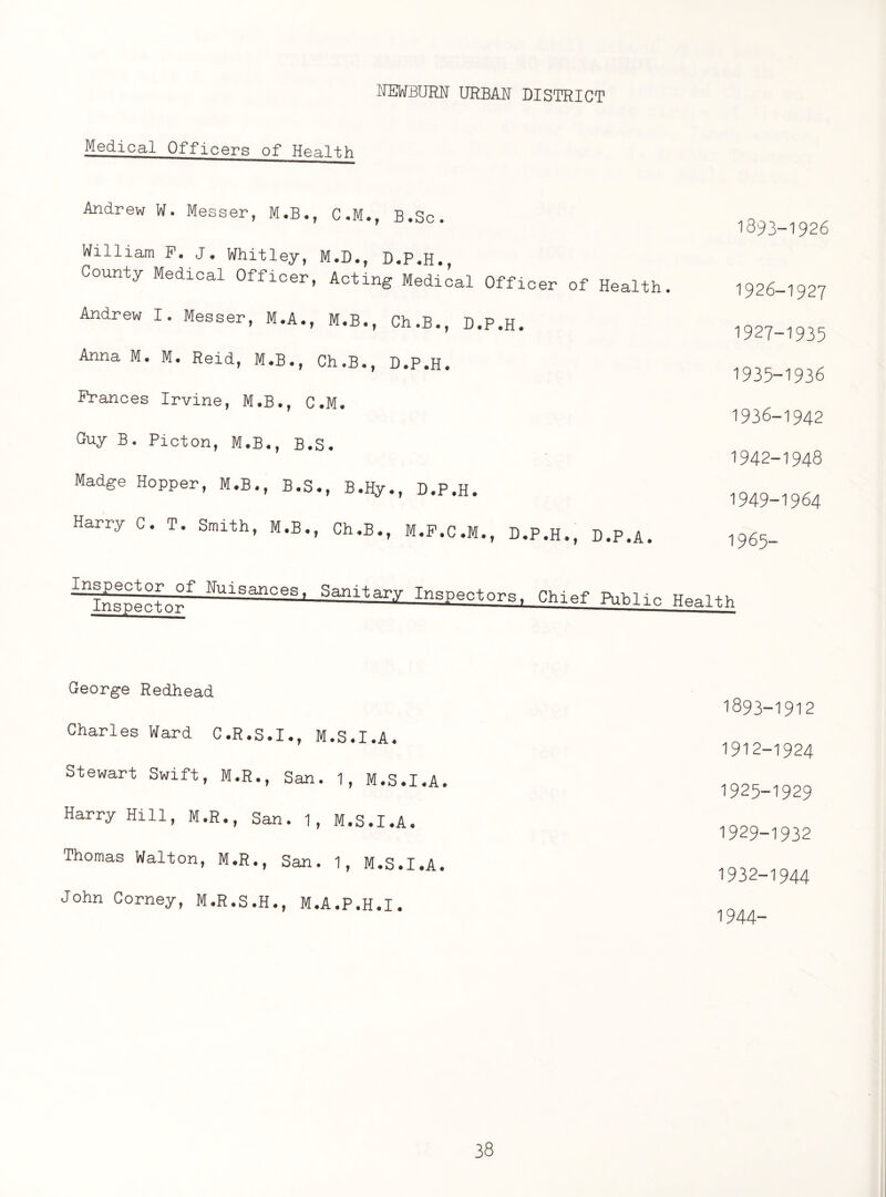 NEWBURN URBAN DISTRICT Medical Officers of Health Andrew W. Messer, M.B., C.M., B.Sc. William F. J. Whitley, M.D., D.P.H., County Medical Officer, Acting Medical Officer of Health Andrew I. Messer, M.A., M.B., Ch.B., D.P.H. Anna M. M. Reid, M.B., Ch.B., D.P.H. Prances Irvine, M.B., C.M. Guy B. Picton, M.B., B.S. Madge Hopper, M.B., B.S., B.Hy., D.P.H. Harry C. T. Smith, M.B., Ch.B., M.P.C.M., D.P.H., D.P.A. 1893-1926 1926- 1927 1927- 1935 1935- 1936 1936- 1942 1942-1948 1949-1964 1965- ^nsp!ctorf NU1SanCeS’ Sanitary Inspectors. Chief Public Health George Redhead Charles Ward C.R.S.I., M.S.I.A. Stewart Swift, M.R., San. 1, M.S.I.A. Harry Hill, M.R., San. 1, M.S.I.A. Thomas Walton, M.R., San. 1, M.S.I.A. John Corney, M.R.S.H., M.A.P.H.I. I893-1912 1912-1924 1925-1929 1929-1932 1932-1944 1944-