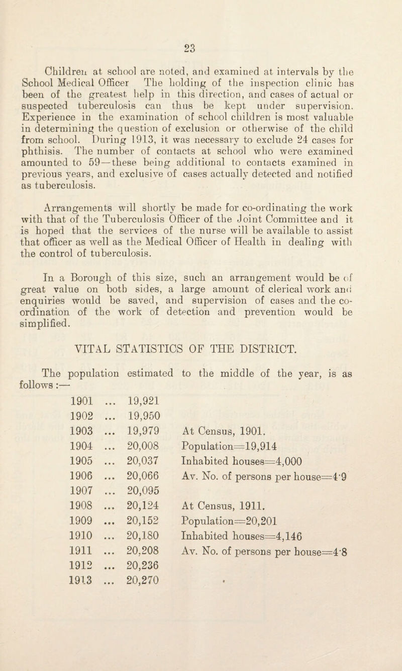 Children at school are noted, and examined at intervals by the School Medical Officer The holding of the inspection clinic has been of the greatest help in this direction, and cases of actual or suspected tuberculosis can thus be kept under supervision. Experience in the examination of school children is most valuable in determining the question of exclusion or otherwise of the child from school. During 1913, it was necessary to exclude 24 cases for phthisis. The number of contacts at school who were examined amounted to 59—these being additional to contacts examined in previous years, and exclusive of cases actually detected and notified as tuberculosis. Arrangements will shortly be made for co-ordinating the work with that of the Tuberculosis Officer of the Joint Committee and it is hoped that the services of the nurse will be available to assist that officer as well as the Medical Officer of Health in dealing with the control of tuberculosis. In a Borough of this size, such an arrangement would be of great value on both sides, a large amount of clerical work an<i enquiries would be saved, and supervision of cases and the co¬ ordination of the work of detection and prevention would be simplified. VITAL STATISTICS OF THE DISTRICT. The population estimated follows :— 1901 ... 19,921 1902 ... 19,950 1903 ... 19,979 1904 ... 20,008 1905 ... 20,037 1906 ... 20,066 1907 ... 20,095 1908 ... 20,124 1909 ... 20,152 1910 ... 20,180 1911 ... 20,208 1912 ... 20,236 1913 ... 20,270 to the middle of the year, is as At Census, 1901. Population=19,914 Inhabited houses=4,000 Av. No. of persons per house=4‘9 At Census, 1911. Population=20,201 Inhabited houses=4,146 Av. No. of persons per house=4‘8
