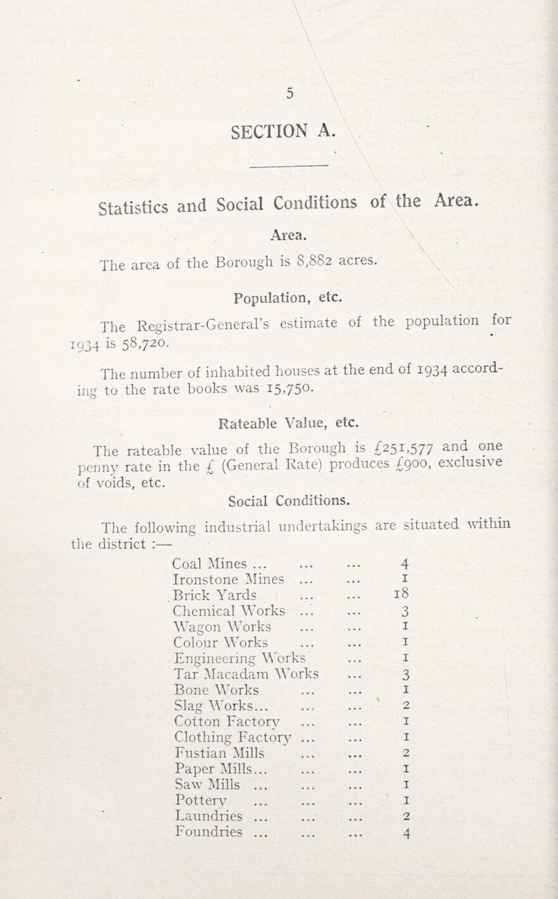SECTION A. Statistics and Social Conditions of the Area. Area. _ \ The area of the Borough is 8,882 acres. Population, etc. The Registrar-General’s estimate of the population for 1934 is 58,72°- The number of inhabited houses at the end of 1934 accord¬ ing to the rate books was i5>75°- Rateable Value, etc. The rateable value of the Borough is £251,577 and one penny rate in the £ (General Rate) produces £qoo, exclusive of voids, etc. Social Conditions. The following industrial undertakings are situated within the district :— Coal Mines ... Ironstone Mines ... .Brick Yards Chemical Works ... Wagon Works Colour Works Engineering Works Tar Macadam Works Bone Works Slag Works... Cotton Factory Clothing Factory ... Fustian Mills Paper Mills... Saw Mills ... Pottery Laundries ... 3 1 2 1 1 2 1 1 1 2