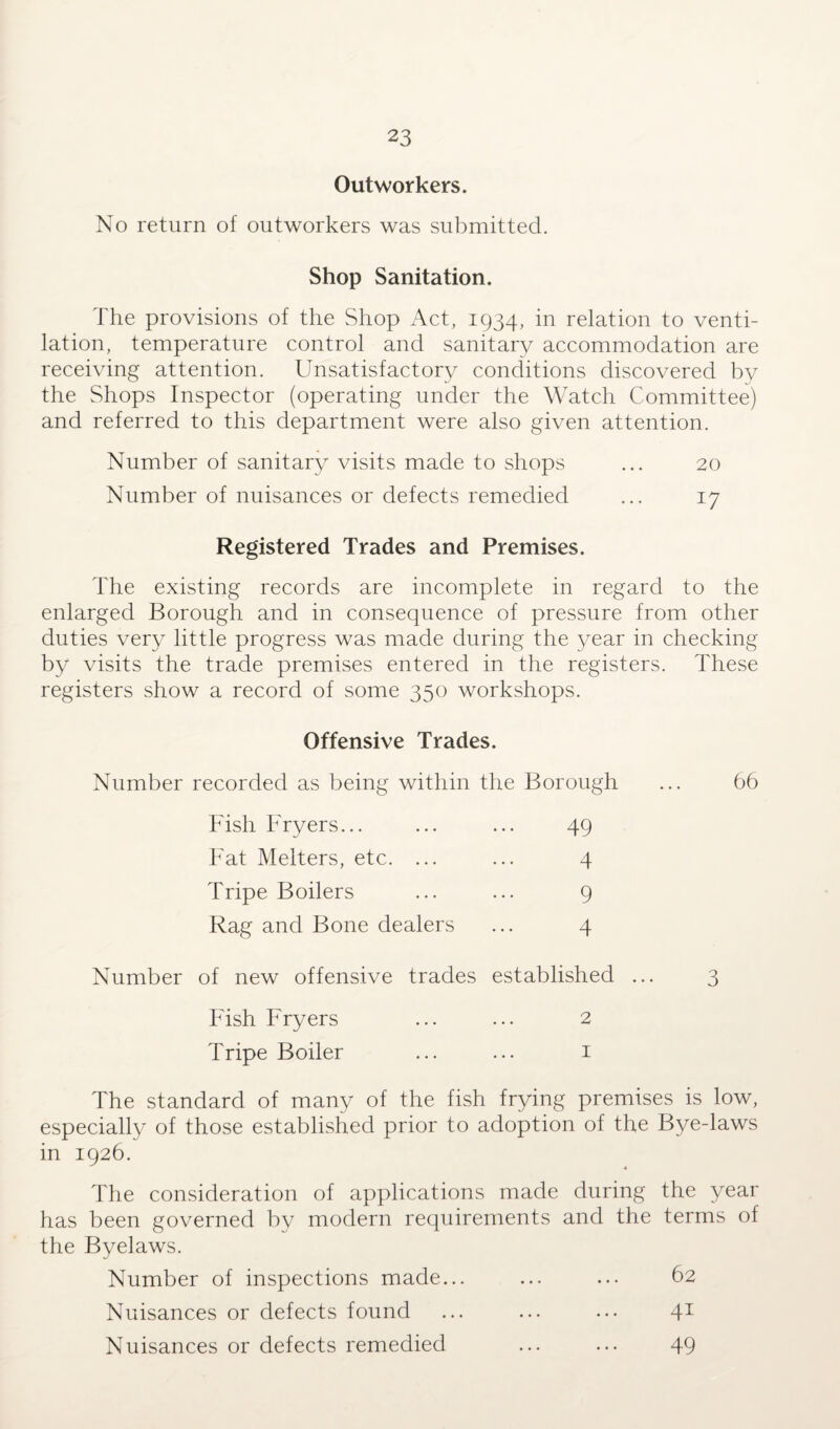 2 3 Outworkers. No return of outworkers was submitted. Shop Sanitation. The provisions of the Shop Act, 1934, in relation to venti¬ lation, temperature control and sanitary accommodation are receiving attention. Unsatisfactory conditions discovered by the Shops Inspector (operating under the Watch Committee) and referred to this department were also given attention. Number of sanitary visits made to shops ... 20 Number of nuisances or defects remedied ... 17 Registered Trades and Premises. The existing records are incomplete in regard to the enlarged Borough and in consequence of pressure from other duties very little progress was made during the year in checking by visits the trade premises entered in the registers. These registers show a record of some 350 workshops. Offensive Trades. Number recorded as being within the Borough ... 66 Fish Fryers... ... ... 49 Fat Melters, etc. ... ... 4 Tripe Boilers ... ... 9 Rag and Bone dealers ... 4 Number of new offensive trades established ... 3 Fish Fryers ... ... 2 Tripe Boiler ... ... 1 The standard of many of the fish frying premises is low, especially of those established prior to adoption of the Bye-laws in 1926. The consideration of applications made during the year has been governed by modern requirements and the terms of the Byelaws. Number of inspections made... ... ... 62 Nuisances or defects found ... ... ... 41 Nuisances or defects remedied ... ... 49