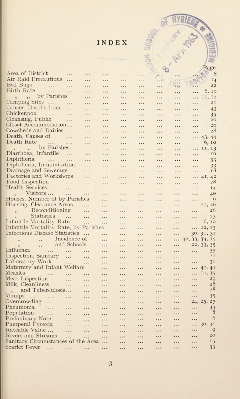 INDEX Area of District Air Raid Precautions ... Bed Bugs Birth Rate I„ ,, by Parishes Camping Sites ... Cancer, Deaths from Chickenpox Cleansing, Public Closet Accommodation... Cowsheds and Dairies ... Death, Causes of Death Rate ,, ,, by Parishes Diarrhoea, Infantile Diphtheria Diphtheria, Immunisation Drainage and Sewerage Factories and Workshops I Food Inspection Health Services ,, Visitors ... Houses, Number of by Parishes Housing, Clearance Areas ,, Reconditioning ,, Statistics Infantile Mortality Rate Infantile Mortality Rate, by Parishes Infectious Disease Statistics ... ,, ,, Incidence of ,, ,, and Schools Influenza Inspection, Sanitary Laboratory Work Maternity and Infant Welfare Measles Meat Inspection Milk, Cleanliness ,, and Tuberculosis... Mumps ... Overcrowding ... Pneumonia Population Preliminary Note Puerperal Pyrexia Rateable Value ... Rivers and Streams Sanitary Circumstances of the Area ... Scarlet Fever