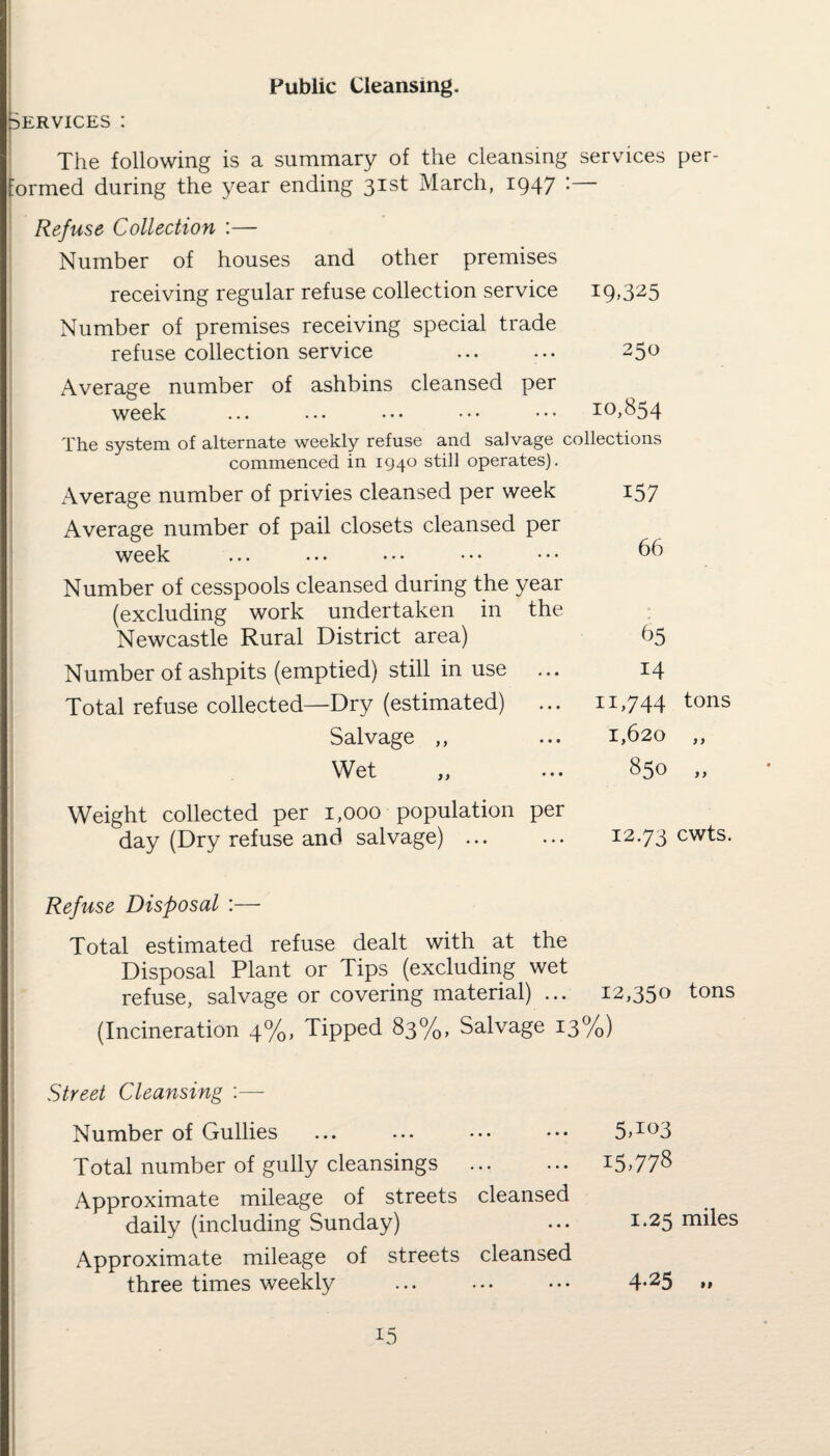 Public Cleansing. k ERV1CES The following is a summary of the cleansing services per¬ formed during the year ending 31st March, 1947 : Refuse Collection :— Number of houses and other premises receiving regular refuse collection service 19,325 Number of premises receiving special trade refuse collection service ... ... 250 Average number of ashbins cleansed per week ... ... ••• ••• ••• I0^54 The system of alternate weekly refuse and salvage collections commenced in 1940 still operates). Average number of privies cleansed per week 157 Average number of pail closets cleansed per week ... ... • • ■ • • • • • • 66 Number of cesspools cleansed during the year (excluding work undertaken in the Newcastle Rural District area) 65 Number of ashpits (emptied) still in use ... 14 Total refuse collected—Dry (estimated) ... n,744 tons Salvage ,, ... 1,620 ,, Wet „ ... 85° >> Weight collected per 1,000 population per day (Dry refuse and salvage) ... ... 12.73 cwts. Refuse Disposal :— Total estimated refuse dealt with at the Disposal Plant or Tips (excluding wet refuse, salvage or covering material) ... 12,350 tons (Incineration 4%, Tipped 83%, Salvage 13%) Street Cleansing :— Number of Gullies Total number of gully cleansings . Approximate mileage of streets cleansed daily (including Sunday) Approximate mileage of streets cleansed three times weekly 5T03 15,778 1.25 miles 4-25 •>