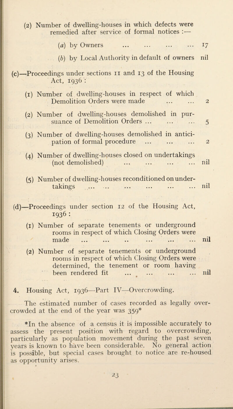 (2) Number of dwelling-houses in which defects were remedied after service of formal notices :— (a) by Owners ... ... ... ... 17 (,b) by Local Authority in default of owners nil (c) —Proceedings under sections n and 13 of the Housing Act, 1936 : (1) Number of dwelling-houses in respect of which Demolition Orders were made ... ... 2 (2) Number of dwelling-houses demolished in pur¬ suance of Demolition Orders ... ... ... 5 (3) Number of dwelling-houses demolished in antici¬ pation of formal procedure ... ... ... 2 (4) Number of dwelling-houses closed on undertakings (not demolished) ... ... ... ... nil (5) Number of dwelling-houses reconditioned on under¬ takings . ... ... ... ... nil (d) —Proceedings under section 12 of the Housing Act, 1936 : (1) Number of separate tenements or underground rooms in respect of which Closing Orders were made ... ... .. ... ... ... ml (2) Number of separate tenements or underground rooms in respect of which Closing Orders were determined, the tenement or room having been rendered fit ... ... ... ... nil * 4. Housing Act, 1936—Part IV—Overcrowding. © • * The estimated number of cases recorded as legally over¬ crowded at the end of the year was 359* *In the absence of a census it is. impossible accurately to assess the present position with regard to overcrowding, particularly as population movement during the past seven years is known to have been considerable. No general action is possible, but special cases brought to notice are re-housed as opportunity arises.