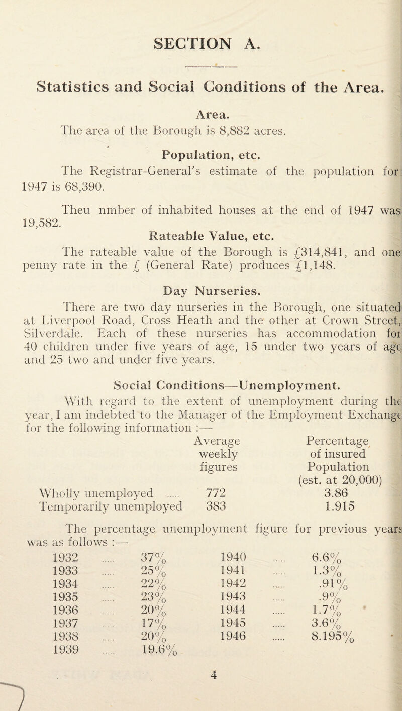 SECTION A. Statistics and Social Conditions of the Area. Area. The area of the Borough is 8,882 acres. Population, etc. The Registrar-General's estimate of the population for 1947 is 68,390. Theu nmber of inhabited houses at the end of 1947 was 19,582. Rateable Value, etc. The rateable value of the Borough is £314,841, and one penny rate in the £ (General Rate) produces £1,148. Day Nurseries. There are two day nurseries in the Borough, one situated at Liverpool Road, Cross Heath and the other at Crown Street, Silverdale. Each of these nurseries has accommodation for 40 children under five years of age, 15 under two years of age and 25 two and under five years. Social Conditions—Unemployment. With regard to the extent of unemployment during the year, 1 am indebted to the Manager of the Employment Exchange for the following information :— Wholly unemployed . Temporarily unemployed Average Percentage weekly of insured figures Population (est. at 20,000) 772 3.86 383 1.915 The percentage unemployment figure for previous yean was as follows :— 1932 37% 1940 6.6% 1933 25% 1941 1.3% 1934 22% 1942 .91% 1935 23% 1943 •9% 1936 20% 1944 1.7% 1937 17% 1945 - 3.6% 1938 20% 1946 8.195% 1939 19.6%