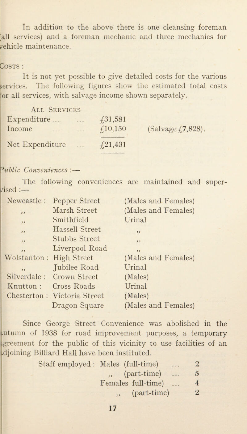 In addition to the above there is one cleansing foreman 'all services) and a foreman mechanic and three mechanics for vehicle maintenance. Costs : It is not yet possible to give detailed costs for the various services. The following figures show the estimated total costs [or all services, with salvage income shown separately. All Services Expenditure . £31,581 Income £10,150 (Salvage £7,828). Net Expenditure £21,431 Dublic Conveniences :— The following conveniences are maintained and super¬ vised :— Newcastle : Pepper Street (Males and Females) ,, Marsh Street (Males and Females) ,, Smithfield Urinal ,, Hassell Street )) ,, Stubbs Street ) > ,, Liverpool Road )) Wolstanton : High Street (Males and Females) ,, Jubilee Road Urinal Silverdale : Crown Street (Males) Knutton : Cross Roads Urinal Chesterton : Victoria Street (Males) Dragon Square (Males and Females) Since George Street Convenience was abolished in the nutumn of 1938 for road improvement purposes, a temporary .greement for the public of this vicinity to use facilities of an djoining Billiard Hall have been instituted. Staff employed : Males (full-time) . 2 ,, (part-time) . 5 Females full-time) . 4 ,, (part-time) 2