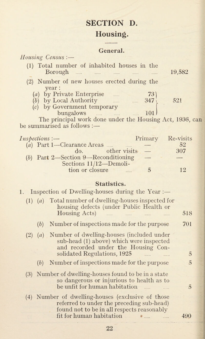 SECTION D. Housing. General. Housing Census :— (1) Total number of inhabited houses in the Borough . 19,582 (2) Number of new houses erected during the (a) year : by Private Enterprise 73) (b) by Local Authority . 347, 521 by Government temporary bungalows . 101 The principal work done under the Housing Act, 1936, can be summarised as follows :—- Inspections :— Primary Re-visits (a) Part 1— -Clearance Areas . . — 52 do. other visits — 307 (.b) Part 2— -Section 9—Reconditioning — — Sections 11/12—Demoli- tion or closure . 5 12 Statistics. 1. Inspection of Dwelling-houses during the Year :— (1) (a) Total number of dwelling-houses inspected for housing defects (under Public Health or Housing Acts) . . . . 518 (b) Number of inspections made for the purpose 701 (2) (a) Number of dwelling-houses (included under sub-head (1) above) which were inspected and recorded under the Housing Con¬ solidated Regulations, 1925 . . 5 (b) Number of inspections made for the purpose 5 (3) Number of dwelling-houses found to be in a state so dangerous or injurious to health as to be unfit for human habitation . 5 (4) Number of dwelling-houses (exclusive of those referred to under the preceding sub-head) found not to be in all respects reasonably fit for human habitation •. . 490