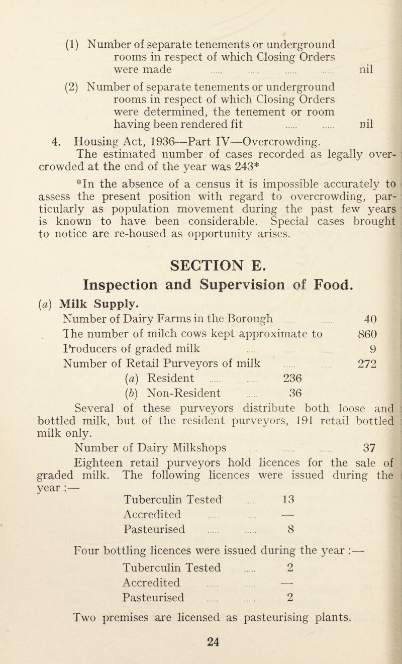 (1) Number of separate tenements or underground rooms in respect of which Closing Orders were made . . . .... nil (2) Number of separate tenements or underground rooms in respect of which Closing Orders were determined, the tenement or room having been rendered fit . . nil 4. Housing Act, 1936—Part IV—Overcrowding. The estimated number of cases recorded as legally over¬ crowded at the end of the year was 243* *In the absence of a census it is impossible accurately to assess the present position with regard to overcrowding, par¬ ticularly as population movement during the past few years is known to have been considerable. Special cases brought to notice are re-housed as opportunity arises. SECTION E. Inspection and Supervision of Food. (a) Milk Supply. Number of Dairy Farms in the Borough 40 The number of milch cows kept approximate to 860 Producers of graded milk . . 9 Number of Retail Purveyors of milk . 272 [a) Resident . 236 (b) Non-Resident . 36 Several of these purveyors distribute both loose and bottled milk, but of the resident purveyors, 191 retail bottled milk only. Number of Dairy Milkshops . . . 37 Eighteen retail purveyors hold licences for the sale of graded milk. The following licences were issued during the year :— Tuberculin Tested . 13 Accredited . .... — Pasteurised . 8 Four bottling licences were issued during the year :—■ Tuberculin Tested . 2 Accredited . — Pasteurised . 2 Two premises are licensed as pasteurising plants.