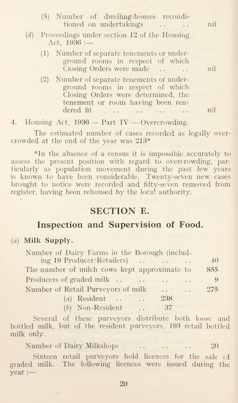 (5) Number of dwelling-houses recondi¬ tioned on undertakings . . . . nil (d) Proceedings under section 12 of the Housing Act, 1936 :— (1) Number of separate tenements or under¬ ground rooms in respect of which Closing Orders were made . . . . nil (2) Number of separate tenements or under¬ ground rooms in respect of which Closing Orders were determined, the tenement or room having been ren¬ dered fit . . . . . . . . nil 4. Housing Act, 1936 — Part IV — Overcrowding. The estimated number of cases recorded as legally over¬ crowded at the end of the year was 213* j *In the absence of a census it is impossible accurately to assess the present position with regard to overcrowding, par¬ ticularly as population movement during the past few years is known to have been considerable. Twenty-seven new cases brought to notice were recorded and fifty-seven removed from register, having been rehoused by the local authority. SECTION E. Inspection and Supervision of Food. (a) Milk Supply. Number of Dairy Farms in the Borough (includ¬ ing 19 Producer/Retailers) The number of milch cows kept approximate to Producers of graded milk Number of Retail Purveyors of milk (a) Resident . . . . 238 (b) Non-Resident . . 37 40 855 9 275 Several of these purveyors distribute both loose and bottled milk, but of the resident purveyors, 193 retail bottled milk only. Number of Dairy Milkshops . . . . . . 20 Sixteen retail purveyors hold licences for the sale of graded milk. The following licences were issued during the year :—