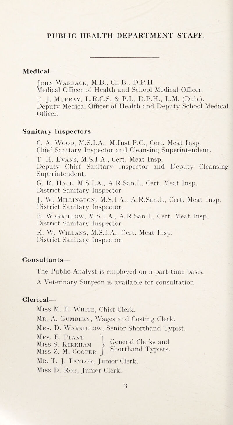 PUBLIC HEALTH DEPARTMENT STAFF. Medical John Warrack, M.B., Ch.B., D.P.H. Medical Officer of Health and School Medical Officer. F. J. Murray, L.R.C.S. & P.I., D.P.H., L.M. (Dub.). Deputy Medical Officer of Health and Deputy School Medical Officer. Sanitary Inspectors C. A. Wood, M.S.I.A., M.Inst.P.C., Cert. Meat Insp. Chief Sanitary Inspector and Cleansing Superintendent. T. H. Evans, M.S.I.A., Cert. Meat Insp. Deputy Chief Sanitary Inspector and Deputy Cleansing Superintendent. G. R. Hall, M.S.I.A., A.R.San.I., Cert. Meat Insp. District Sanitary Inspector. J. W. Millington, M.S.I.A., A.R.San.I., Cert. Meat Insp. District Sanitary Inspector. E. Warrillow, M.S.I.A., A.R.San.I., Cert. Meat Insp. District Sanitary Inspector. K. W. Willans, M.S.I.A., Cert. Meat Insp. District Sanitary Inspector. Consultants— The Public Analyst is employed on a part-time basis. A Veterinary Surgeon is available for consultation. Clerical Miss M. E. White, Chief Clerk. Mr. A. Gumbley, Wages and Costing Clerk. Mrs. D. Warrillow, Senior Shorthand Typist. Mrs. E. Plant J _ Miss S. Kirkham V General Clerks and Miss Z. M. Cooper j shorthand Typists. Mr. T. J. Taylor, Junior Clerk. Miss I). Roe, Junior Clerk.