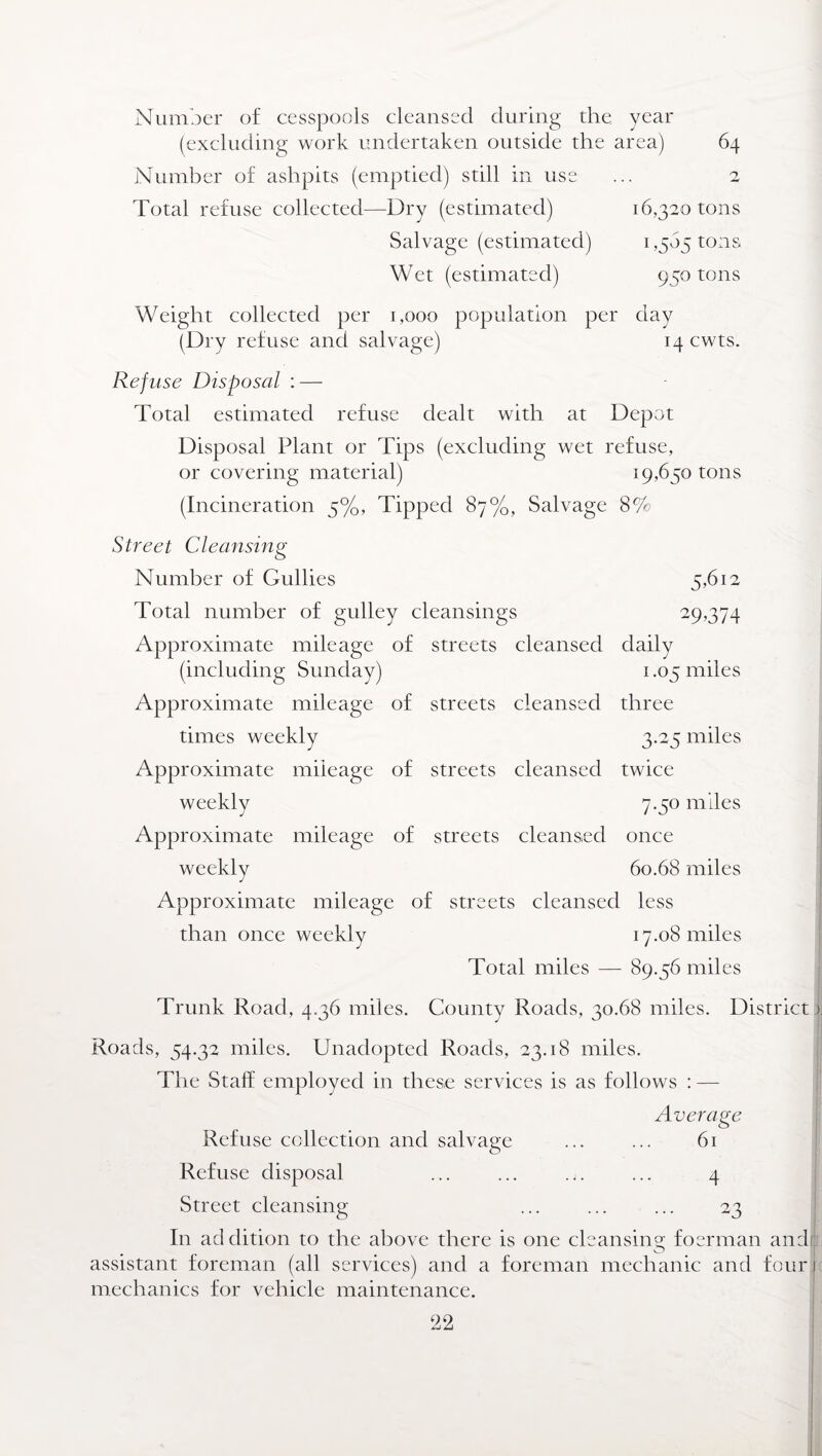 Number of cesspools cleansed during the year (excluding work undertaken outside the area) 64 Number of ashpits (emptied) still in use ... 2 Total refuse collected—Dry (estimated) 16,320 tons Salvage (estimated) 1,565 tons Wet (estimated) 950 tons Weight collected per 1,000 population per day (Dry refuse and salvage) i4cwts. Refuse Disposed : — Total estimated refuse dealt with at Depot Disposal Plant or Tips (excluding wet refuse, or covering material) 19,650 tons (Incineration 5%, Tipped 87%, Salvage 8% Street Cleansing Number of Gullies 5,612 Total number of gulley cleansings 29,374 Approximate mileage of streets cleansed daily (including Sunday) 1.05 miles Approximate mileage of streets cleansed three times weekly 3.25 miles Approximate mileage of streets cleansed twice weekly 7.50 miles Approximate mileage of streets cleansed once weekly 60.68 miles Approximate mileage of streets cleansed less than once weekly 17.08 miles Total miles — 89.56 miles Trunk Road, 4.36 miles. County Roads, 30.68 miles. District Roads, 54.32 miles. Unadopted Roads, 23.18 miles. The Staff employed in these services is as follows : — Average Refuse collection and salvage ... ... 61 Refuse disposal ... ... .,. ... 4 Street cleansing ... ... ... 23 In addition to the above there is one cleansing foerman and assistant foreman (all services) and a foreman mechanic and four mechanics for vehicle maintenance.