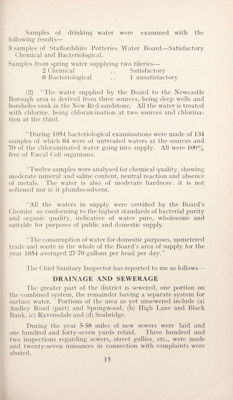 Samples of drinking water were examined with the following results— 3 samples of Staffordshire Potteries Water Board—Satisfactory Chemical and Bacteriological. Samples from spring water supplying two tileries— 2 Chemical . . Satisfactory 6 Bacteriological . . 1 unsatisfactory (2) “The water supplied by the Board to the Newcastle Borough area is derived from three sources, being deep wells and boreholes sunk in the New Red sandstone. All the water is treated with chlorine, being chloramination at two sources and chlorina¬ tion at the third. “During 1954 bacteriological examinations were made of 134 samples of which 64 were of untreated waters at the sources and 70 of the chloraminated water going into supply. All were 100% free of Faecal Coli organisms. “Twelve samples were analysed for chemical quality, showing moderate mineral and saline content, neutral reaction and absence of metals. The water is also of moderate hardness : it is not softened nor is it plumbo-solvent. “All the waters in supply were certified by the Board’s Chemist as conforming to the highest standards of bacterial purity and organic quality, indicative of water pure, wholesome and suitable for purposes of public and domestic supply. “The consumption of water for domestic purposes, unmetered trade and waste in the whole of the Board’s area of supply for the year 1954 averaged 27-70 gallons per head per day.’’ The Chief Sanitary Inspector has reported to me as follows— DRAINAGE AND SEWERAGE The greater part of the district is sewered, one portion on the combined system, the remainder having a separate system for surface water. Portions of the area as yet unsewered include (a) Audley Road (part) and Springwood, (b) High Lane and Black Bank, (c) Ravensdale and (d) Seabridge. During the year 5-58 miles of new sewers were laid and one hundred and forty-seven yards relaid. 4'hree hundred and two inspections regarding sewers, street gullies, etc., were made and twenty-seven nuisances in connection with complaints were abated.