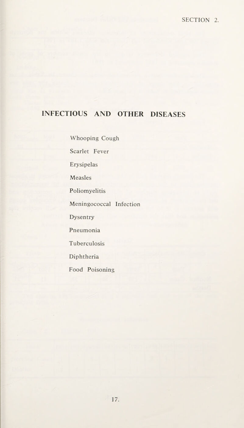 SECTION 2. INFECTIOUS AND OTHER DISEASES Whooping Cough Scarlet Fever Erysipelas Measles Poliomyelitis Meningococcal Infection Dysentry Pneumonia Tuberculosis Diphtheria Food Poisoning