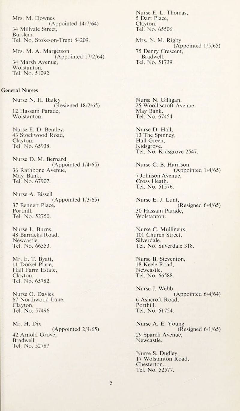 Mrs. M. Downes (Appointed 14/7/64) 34 Millvale Street, Burslem. Tel. No. Stoke-on-Trent 84209. Nurse E. L. Thomas, 5 Dart Place, Clayton. Tel. No. 65506. Mrs. N. M. Rigby (Appointed 1/5/65) Mrs. M. A. Margetson (Appointed 17/2/64) 34 Marsh Avenue, Wolstanton. Tel. No. 51092 75 Denry Crescent, Bradwell. Tel. No. 51739. General Nurses Nurse N. H. Bailey (Resigned 18/2/65) 12 Hassam Parade, Wolstanton. Nurse N. Gilligan, 25 Woolliscroft Avenue, May Bank. Tel. No. 67454. Nurse E. D. Bentley, 43 Stockwood Road, Clayton. Tel. No. 65938. Nurse D. Hall, 13 The Spinney, Hall Green, Kidsgrove. Tel. No. Kidsgrove 2547. Nurse D. M. Bernard (Appointed 1/4/65) 36 Rathbone Avenue, May Bank. Tel. No. 67907. Nurse C. B. Harrison (Appointed 1/4/65) 7 Johnson Avenue, Cross Heath. Tel. No. 51576. Nurse A. Bissell (Appointed 1/3/65) 37 Bennett Place, Porthill. Tel. No. 52750. Nurse E. J. Lunt, (Resigned 6/4/65) 30 Hassam Parade, Wolstanton. Nurse L. Burns, 48 Barracks Road, Newcastle. Tel. No. 66553. Nurse C. Mullineux, 101 Church Street, Silverdale. Tel. No. Silverdale 318. Mr. E. T. Byatt, 11 Dorset Place, Hall Farm Estate, Clayton. Tel. No. 65782. Nurse B. Steventon, 18 Keele Road, Newcastle. Tel. No. 66588. Nurse O. Davies 67 Northwood Lane, Clayton. Tel. No. 57496 Nurse J. Webb (Appointed 6/4/64) 6 Ashcroft Road, Porthill. Tel. No. 51754. Mr. H. Dix (Appointed 2/4/65) 42 Arnold Grove, Bradwell. Tel. No. 52787 Nurse A. E. Young (Resigned 6/1/65) 29 Sparch Avenue, Newcastle. Nurse S. Dudley, 17 Wolstanton Road, Chesterton. Tel. No. 52577.