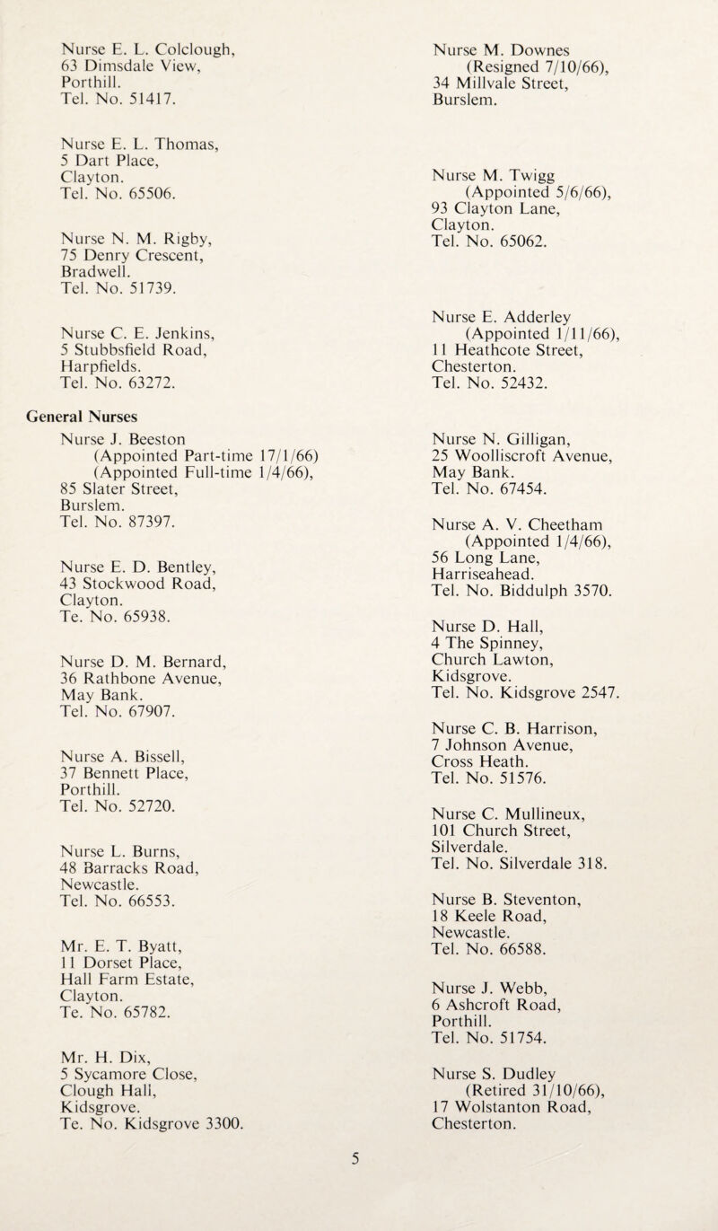Nurse E. L. Colclough, 63 Dimsdale View, Porthill. Tel. No. 51417. Nurse M. Downes (Resigned 7/10/66), 34 Millvale Street, Burslem. Nurse E. L. Thomas, 5 Dart Place, Clayton. Tel. No. 65506. Nurse N. M. Rigby, 75 Denry Crescent, Bradwell. Tel. No. 51739. Nurse C. E. Jenkins, 5 Stubbsfield Road, Harpfields. Tel. No. 63272. General Nurses Nurse J. Beeston (Appointed Part-time 17/1/66) (Appointed Full-time 1/4/66), 85 Slater Street, Burslem. Tel. No. 87397. Nurse E. D. Bentley, 43 Stockwood Road, Clayton. Te. No. 65938. Nurse D. M. Bernard, 36 Rathbone Avenue, May Bank. Tel. No. 67907. Nurse A. Bissell, 37 Bennett Place, Porthill. Tel. No. 52720. Nurse L. Burns, 48 Barracks Road, Newcastle. Tel. No. 66553. Mr. E. T. Byatt, 11 Dorset Place, Hall Farm Estate, Clayton. Te. No. 65782. Mr. H. Dix, 5 Sycamore Close, Clough Hall, Kidsgrove. Te. No. Kidsgrove 3300. Nui *se M. Twigg (Appointed 5/6/66), 93 Clayton Lane, Clayton. Tel. No. 65062. Nurse E. Adderley (Appointed 1/11/66), 11 Heathcote Street, Chesterton. Tel. No. 52432. Nurse N. Gilligan, 25 Woolliscroft Avenue, May Bank. Tel. No. 67454. Nurse A. V. Cheetham (Appointed 1/4/66), 56 Long Lane, Harriseahead. Tel. No. Biddulph 3570. Nurse D. Hall, 4 The Spinney, Church Lawton, Kidsgrove. Tel. No. Kidsgrove 2547. Nurse C. B. Harrison, 7 Johnson Avenue, Cross Heath. Tel. No. 51576. Nurse C. Mullineux, 101 Church Street, Silverdale. Tel. No. Silverdale 318. Nurse B. Steventon, 18 Keele Road, Newcastle. Tel. No. 66588. Nurse J. Webb, 6 Ashcroft Road, Porthill. Tel. No. 51754. Nurse S. Dudley (Retired 31/10/66), 17 Wolstanton Road, Chesterton.