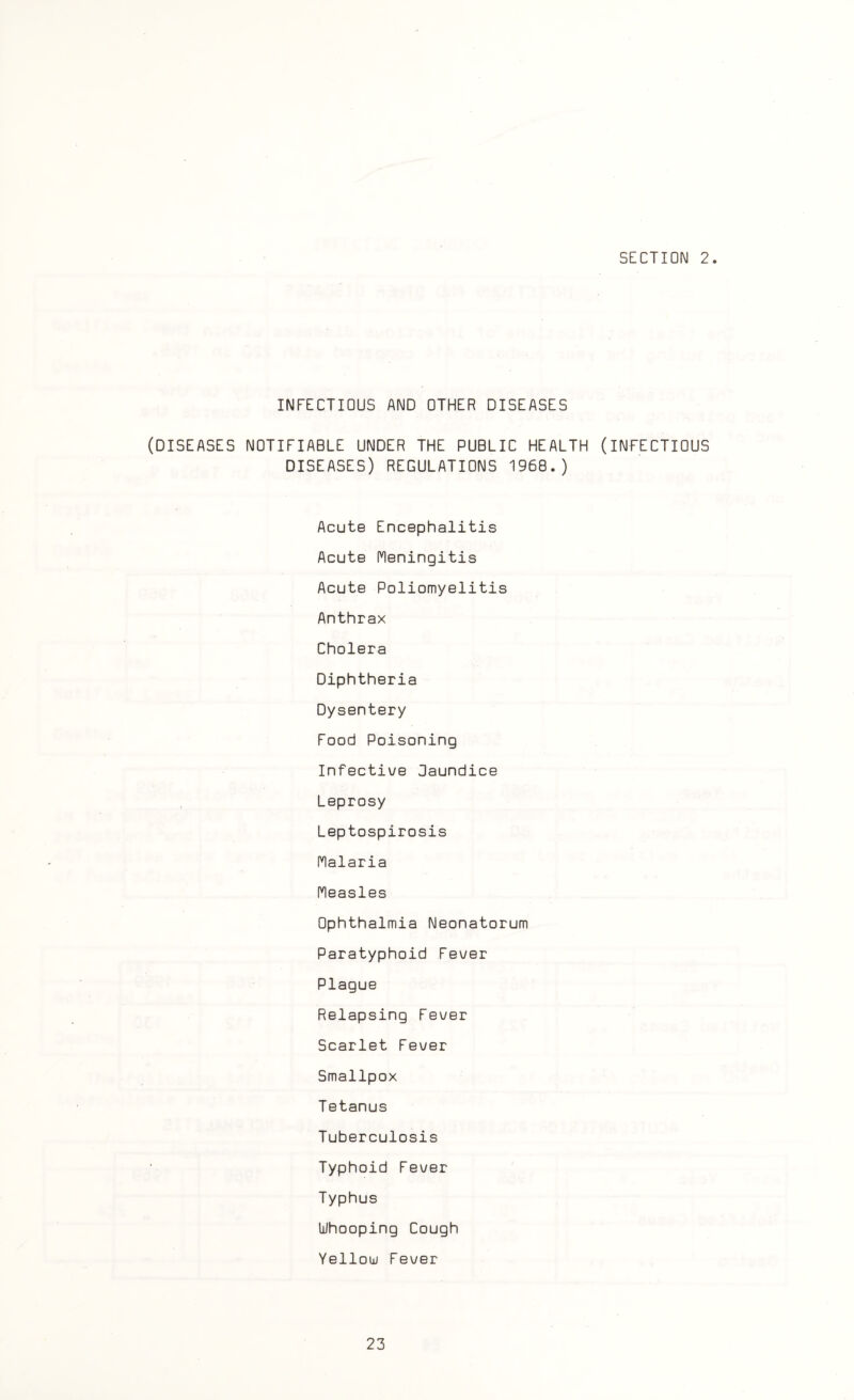 INFECTIOUS AND OTHER DISEASES (DISEASES NOTIFIABLE UNDER THE PUBLIC HEALTH (INFECTIOUS DISEASES) REGULATIONS 1968.) Acute Encephalitis Acute Meningitis Acute Poliomyelitis Anthrax Cholera Diphtheria Dysentery Food Poisoning Infective Jaundice Leprosy Leptospirosis Malaria Measles Ophthalmia Neonatorum Paratyphoid Fever Plague Relapsing Fever Scarlet Fever Smallpox Tetanus Tuberculosis Typhoid Fever Typhus Whooping Cough Yellow Fever