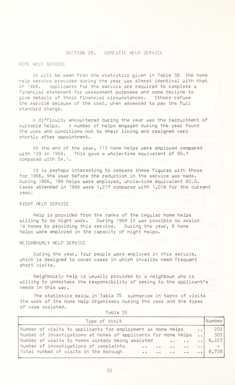 SECTION 29. DOMESTIC HELP SERVICE HOME HELP SERVICE As will be seen from the statistics given in Table 35 the home help service provided during the year was almost identical with that of 1968. Applicants for the service are required to complete a financial statement for assessment purposes and some decline to give details of their financial circumstances. Others refuse the service because of the cost, when assessed to pay the full standard charge. A difficulty encountered during the year was the recruitment of suitable helps. A number of helps engaged during the year found the work and conditions not to their liking and resigned very shortly after appointment. At the end of the year, 113 home helps were employed compared with 129 in 1968. This gave a whole-time equivalent of 55.1 compared with 54.1. It is perhaps interesting to compare these figures with those for 1966, the year before the reduction in the service was made. During 1966, 199 helps were employed, whole-time equivalent 80.0. Cases attended in 1966 were 1,217 compared with 1,018 for the current year. NIGHT HELP SERVICE Help is provided from the ranks of the regular home helps willing to do night work. During 1969 it was possible to assist 14 homes by providing this service. During the year, 8 home helps were employed in the capacity of night helps. NEIGHBOURLY HELP SERVICE During the year, four people were employed in this service, which is designed to cover cases in which invalids need frequent short visits. Neighbourly help is usually provided by a neighbour who is willing to undertake the responsibility of seeing to the applicant's needs in this way. The statistics below in Table 35 summarise in terms of visits the work of the Home Help Organisers during the year and the types of case assisted. Table 35 Type of Visit Number Number of visits to applicants for employment as Home Helps Number of investigations at homes of applicants for Home Helps Number of visits to homes already being assisted Number of investigations of complaints Total number of visits in the Borough 202 303 8,223 8,728