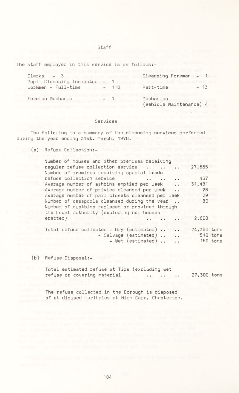 Staff The staff employed in this service Clerks - 3 Pupil Cleansing Inspector Workmen - Full-time Foreman Mechanic is as follows Cleansing Foreman - 1 1 110 Part-time - 13 1 Mechanics (Vehicle Maintenance) 4 Services The following is a summary of the cleansing services performed during the year ending 31st. March, 1970. (a) Refuse Collection:- Number of houses and other premises receiving regular refuse collection service . 27,655 Number of premises receiving special trade refuse collection service 437 Average number of ashbins emptied per week 31,481 Average number of privies cleansed per week 28 Average number of pail closets cleansed per week 29 Number of cesspools cleansed during the year 80 Number of dustbins replaced or provided through the Local Authority (excluding new houses erected) • • • • •. 2,608 Total refuse collected - Dry (estimated) .. 24,350 tons - Salvage (estimated) .. 510 tons - Wet (estimated) .. 160 tons (b) Refuse Disposal:- Total estimated refuse at Tips (excluding wet refuse or covering material . 27,300 tons The refuse collected in the Borough is disposed of at disused marlholes at High Carr, Chesterton.