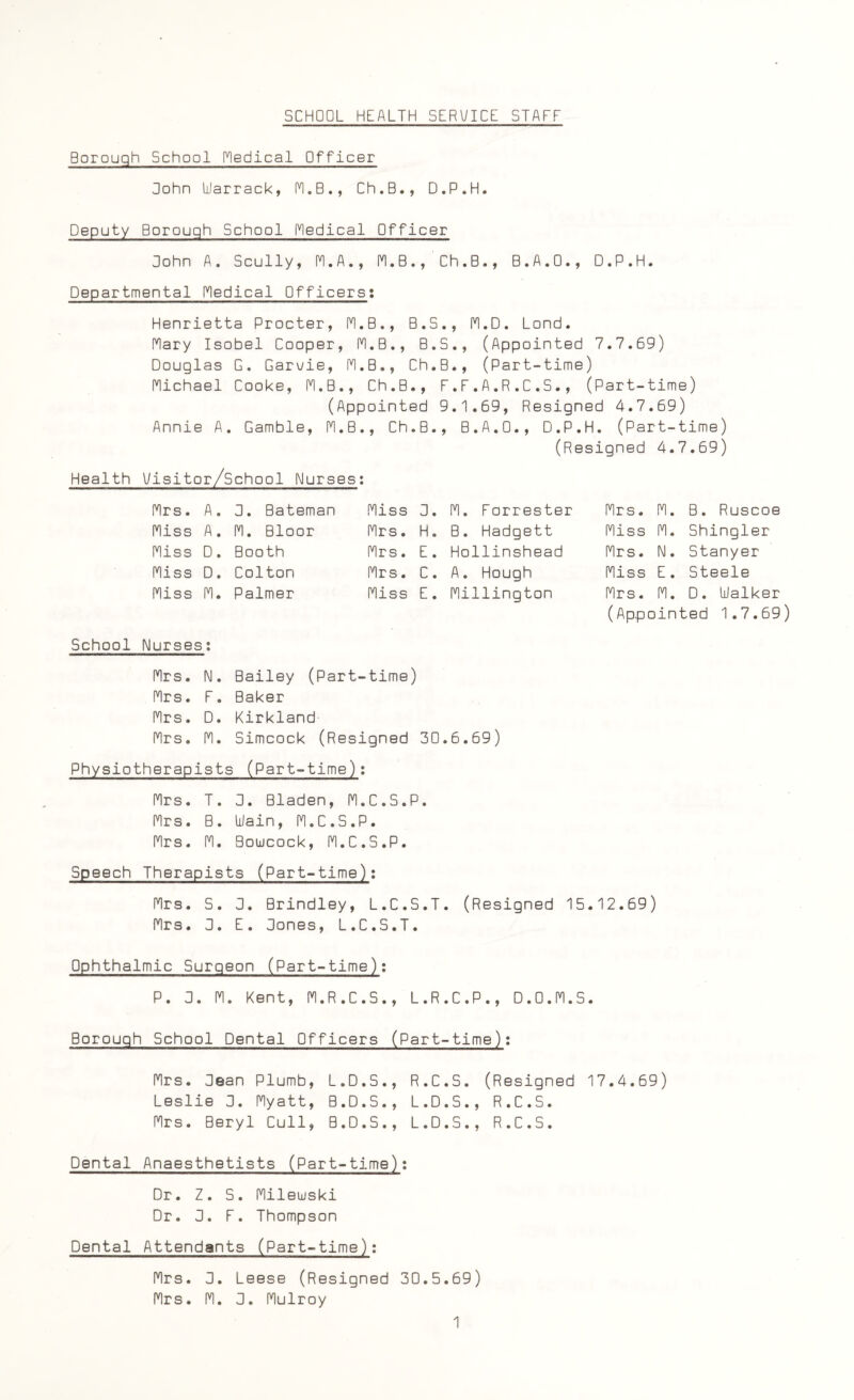 SCHOOL HEALTH SERVICE STAFF Borough School Medical Officer John Warrack, M.B., Ch.B., D.P.H. Deputy Borough School Medical Officer John A. Scully, M.A., M.B., Ch.B., B.A.O., D.P.H. Departmental Medical Officers: Henrietta Procter, M.B., B.S., M.D. Lond. Mary Isobel Cooper, M.B., B.S., (Appointed 7.7.69) Douglas G. Garvie, M.B., Ch.B., (Part-time) Michael Cooke, M.B., Ch.B., F . F . A.R . C . S., (Part-time) (Appointed 9.1.69, Resigned 4.7.69) Annie A. Gamble, M.B., Ch.B., B.A.O., D.P.H. (Part-time) (Resigned 4.7.69) Health l/isitor/School Nurses: Mrs. A. B. Bateman Miss B. M. Forrester Miss A. M. Bloor Mrs. H. B. Hadgett Miss D. Booth Mrs. F. Hollinshead Miss D. Colton Mrs. C. A. Hough Miss M. Palmer Miss F. Millington School Nurses: Mrs. !\). Bailey (Part-time) Mrs. F. Baker Mrs. D. Kirkland Mrs. M. Simcock (Resigned 30.6.69) Physiotherapists (Part-time): Mrs. M. B. Ruscoe Miss M. Shingler Mrs. N. Stanyer Miss F. Steele Mrs. M. D. Walker (Appointed 1.7.69) Mrs. T. 0. Bladen, M.C.S.P. Mrs. B. Wain, M.C.S.P. Mrs. M. Bowcock, M.C.S.P. Speech Therapists (Part-time): Mrs. S. 0. Brindley, L.C.S.T. (Resigned 15.12.69) Mrs. 0. F. Bones, L.C.S.T. Ophthalmic Surgeon (Part-time): P. B. M. Kent, M.R.C.S., L.R.C.P., D.O.M.S. Borough School Dental Officers (Part-time): Mrs. Bean Plumb, L.D.S., R.C.S. (Resigned 17.4.69) Leslie B. Myatt, B.D.S., L.D.S., R.C.S. Mrs. Beryl Cull, B.D.S., L.D.S., R.C.S. Dental Anaesthetists (Part-time): Dr. Z. S. Mileuski Dr. B. F. Thompson Dental Attendants (Part-time): Mrs. B. Leese (Resigned 30.5.69) Mrs. M. B. Mulroy