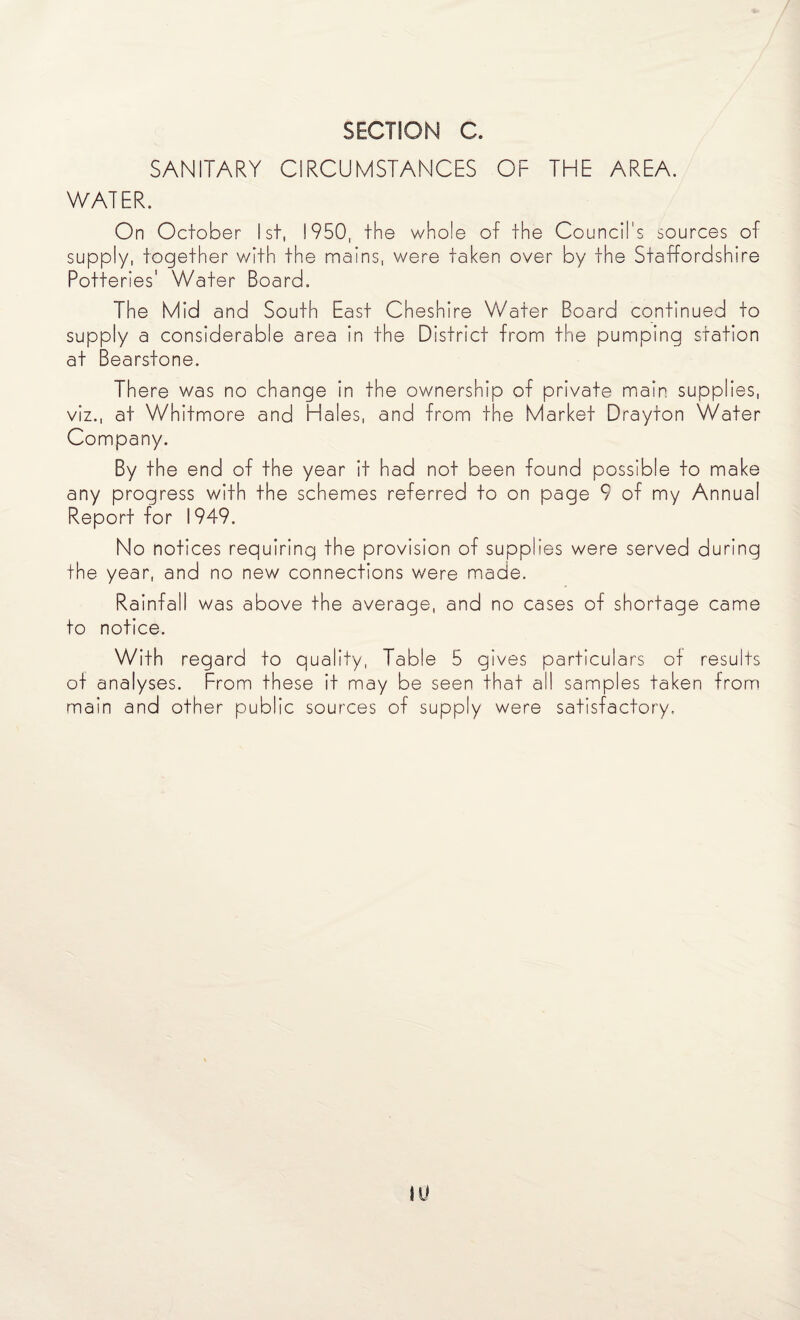 SANITARY CIRCUMSTANCES OF THE AREA. WATER. On October 1st, 1950, the whole of the Council's sources of supply, together with the mains, were taken over by the Staffordshire Potteries' Water Board. The Mid and South East Cheshire Water Board continued to supply a considerable area in the District from the pumping station at Bearstone. There was no change in the ownership of private main supplies, viz., at Whitmore and Hales, and from the Market Drayton Water Company. By the end of the year it had not been found possible to make any progress with the schemes referred to on page 9 of my Annual Report for 1949. No notices requiring the provision of supplies were served during the year, and no new connections were made. Rainfall was above the average, and no cases of shortage came to notice. With regard to quality, Table 5 gives particulars of results of analyses. From these it may be seen that all samples taken from main and other public sources of supply were satisfactory.
