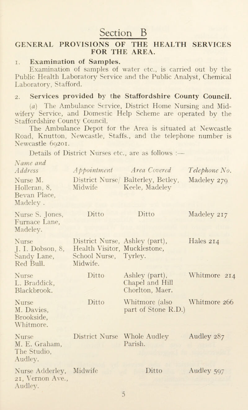GENERAL PROVISIONS OF THE HEALTH SERVICES FOR THE AREA. i. Examination of Samples. Examination of samples of water etc., is carried out by the Public Health Laboratory Service and the Public Analyst, Chemical Laboratory, Stafford. 2. Services provided by the Staffordshire County Council. [a) The Ambulance Service, District Home Nursing and Mid¬ wifery Service, and Domestic Help Scheme are operated by the Staffordshire County Council. The Ambulance Depot for the Area is situated at Newcastle Road, Knutton, Newcastle, Staffs., and the telephone number is Newcastle 69201. Details of District Nurses etc., are as follows :— Name and A ddress Nurse M. Holleran, 8, Bevan Place, Madeley . Appointment Area Covered Telephone No. District Nurse/ Balterley, Betley, Madeley 279 Midwife Keele, Madeley Nurse S. Jones, Ditto Ditto Madeley 217 Lurnace Lane, Madeley. Nurse J. I. Dobson, 8, Sandy Lane, Red Bull. District Nurse, Ashley (part), Health Visitor, Mucklestone, School Nurse, Tyrley. Midwife. Hales 214 Nurse L. Braddick, Blackbrook. Ditto Ashley (part), Whitmore 214 Chapel and Hill Chorlton, Maer. Nurse M. Davies, Brookside, Whitmore. Ditto Whitmore (also Whitmore 266 part of Stone R.D.) Nurse M. L. Graham, The Studio, Audley. District Nurse Whole Audley Parish. Nurse Adderley, Midwife Ditto 21, Vernon Ave., Audley. Audley 287 Audley 597